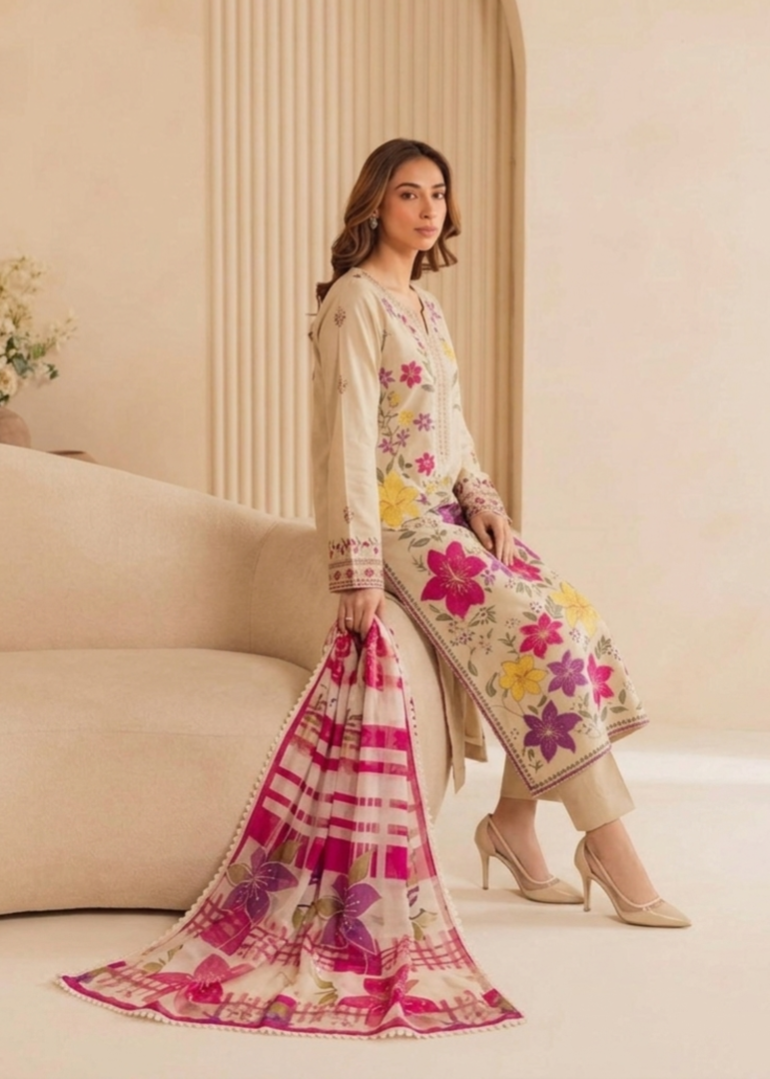 cotton linen Kurta Set in Beige