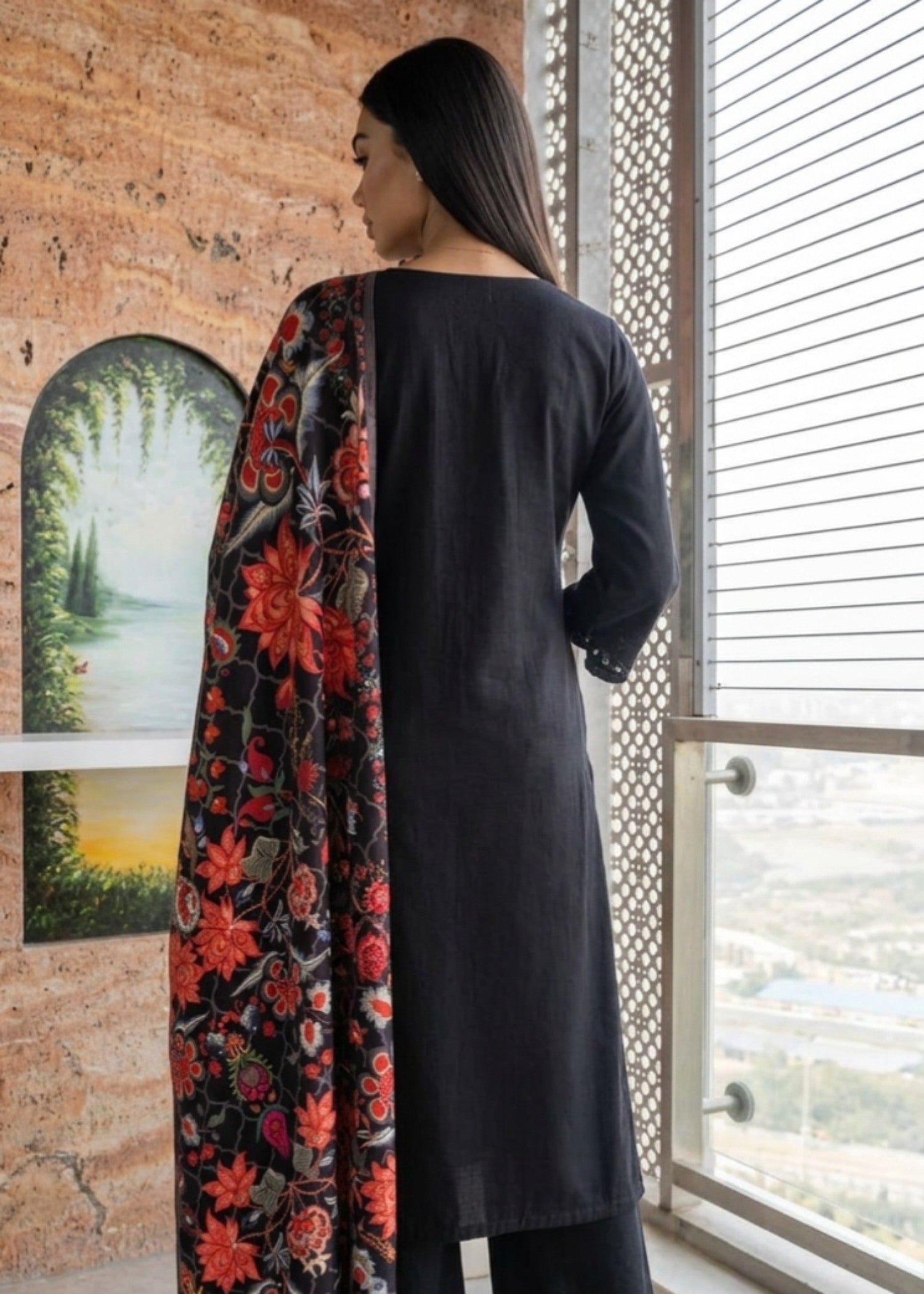 dhanak Kurta Set in Charcoal black