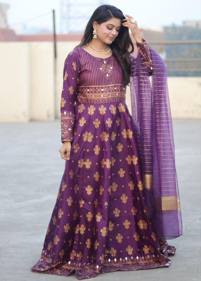 satin silk Anarkali in Purple