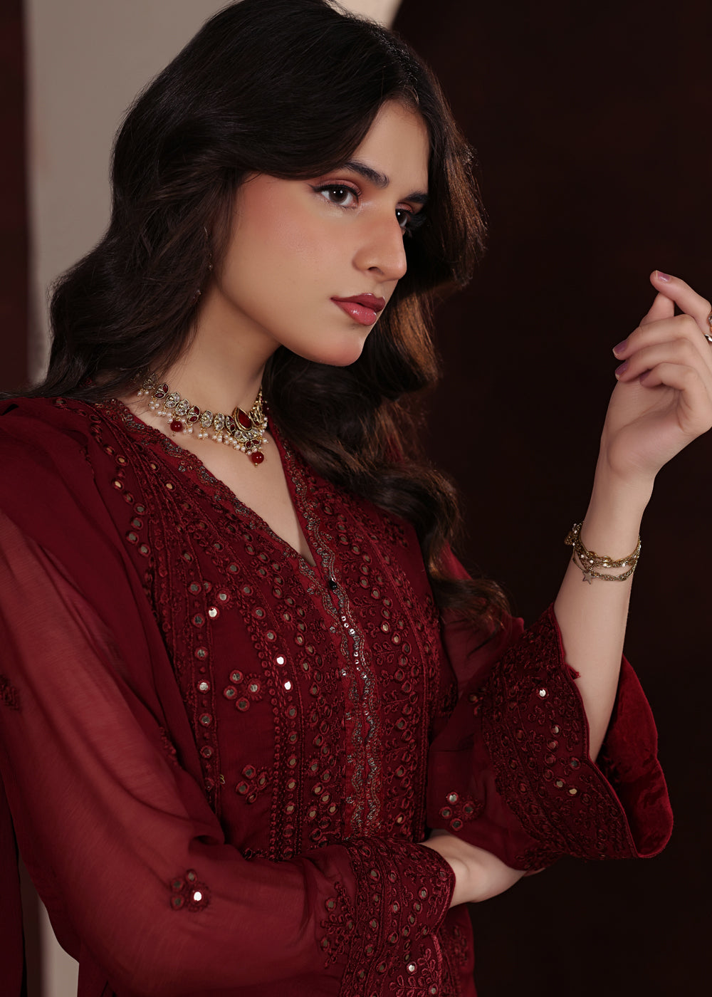 chiffon Kurta Set in Fire red