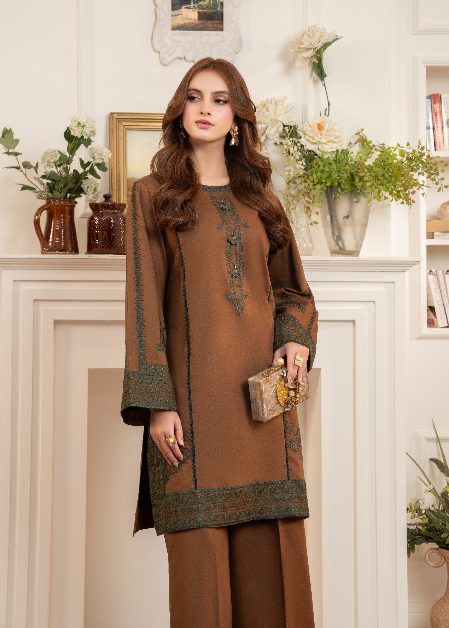 lawn cotton Kurta Set in Sienna