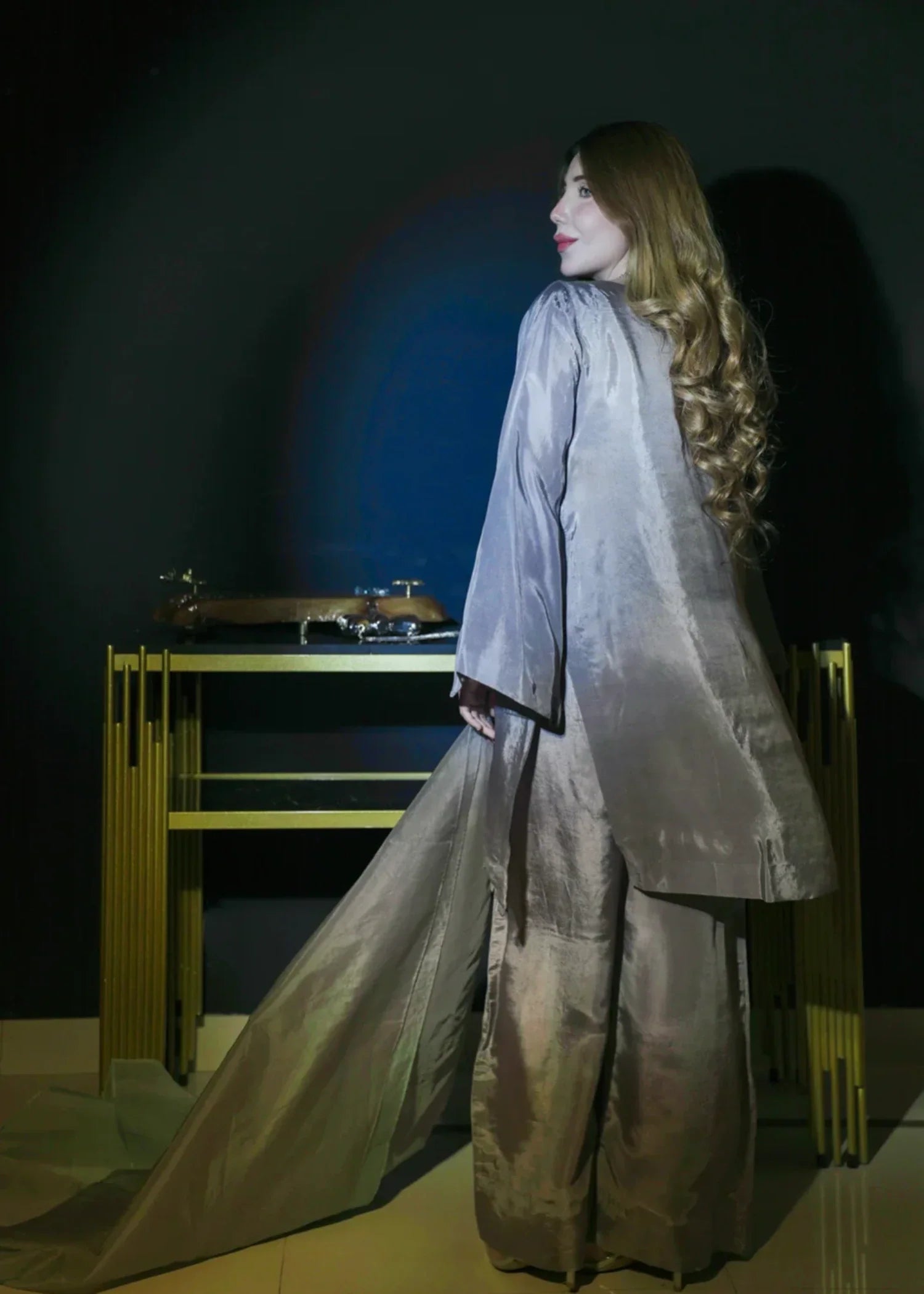 tissue silk Kurta Set in Grey