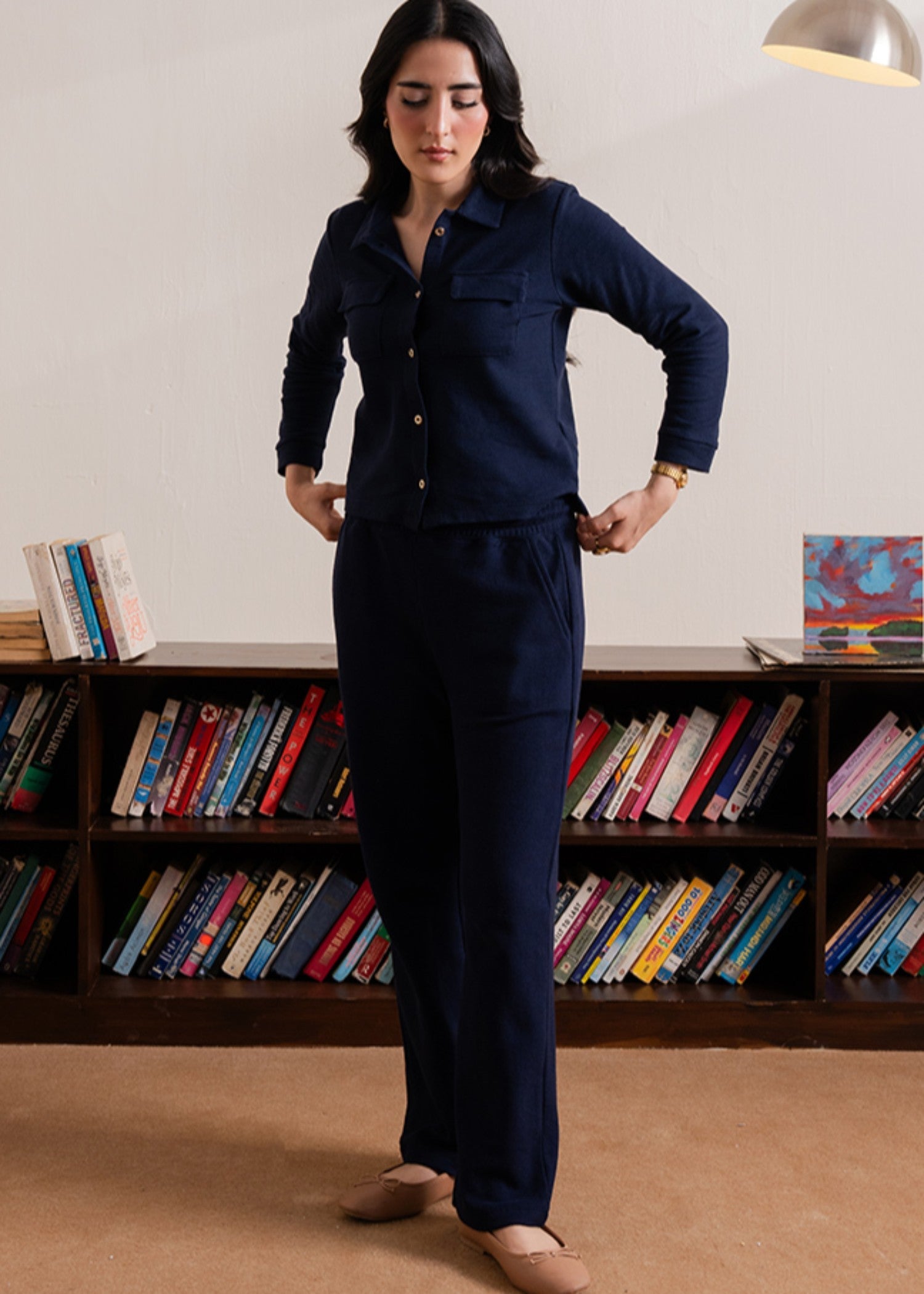 interlock knit Trousers in Navy blue