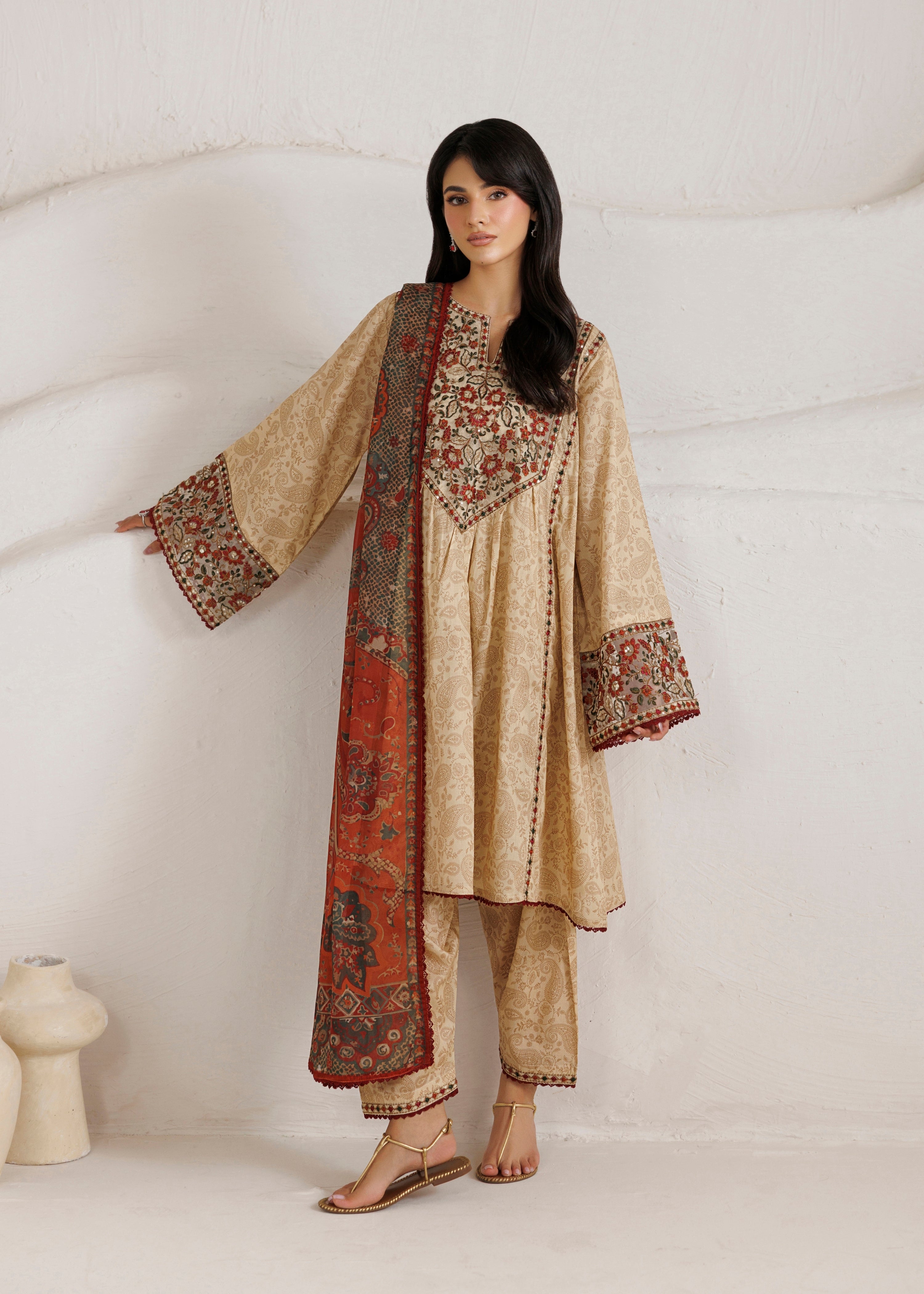 cotton Short Frock in Tan brown