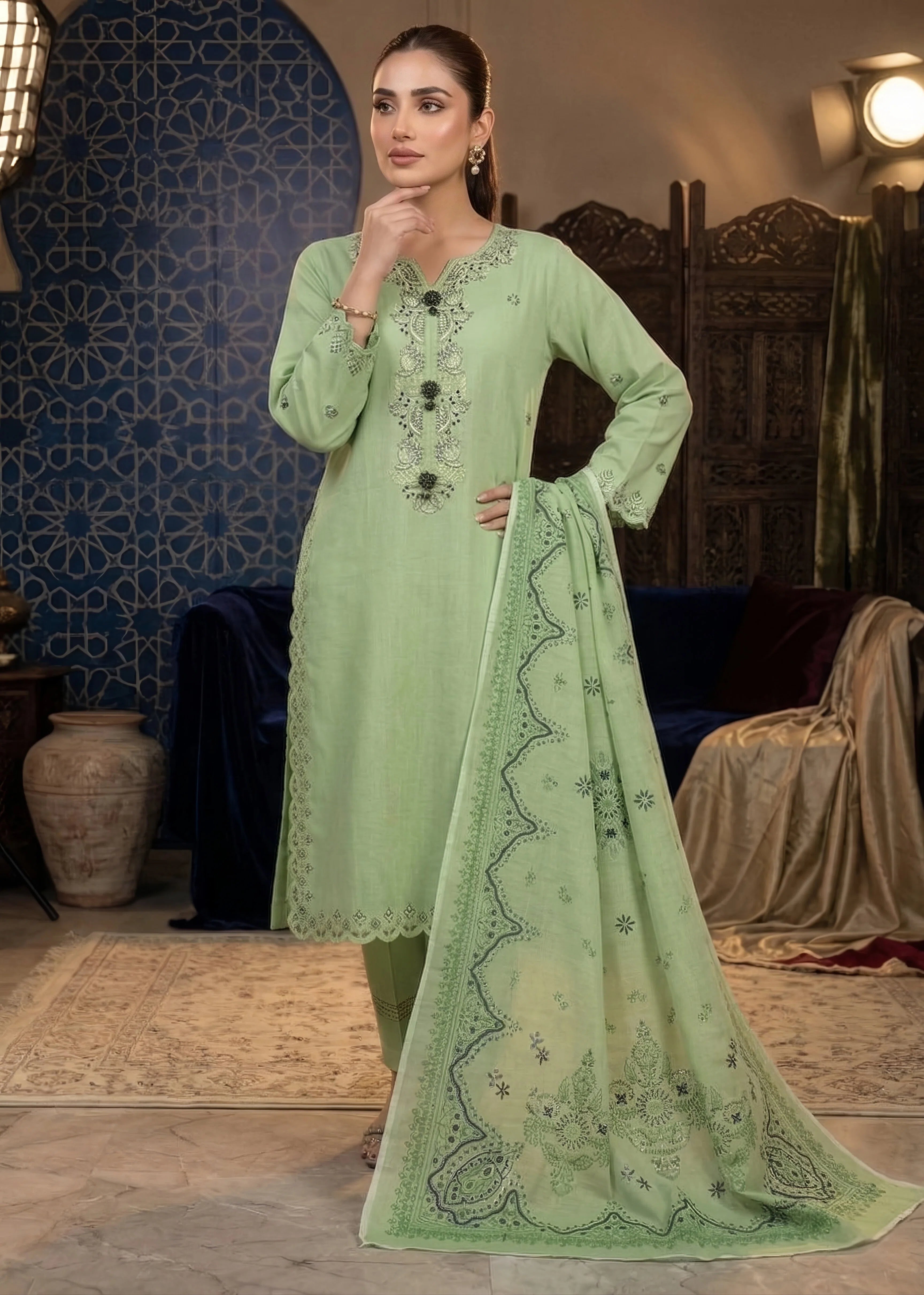 cambric cotton Kurta Set in Pistachio green