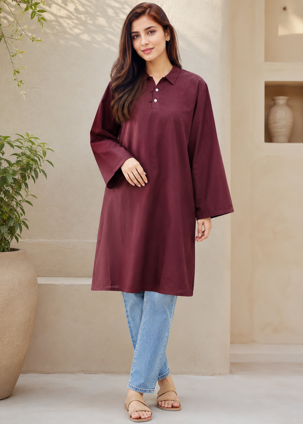 lawn Kurti in Maroon