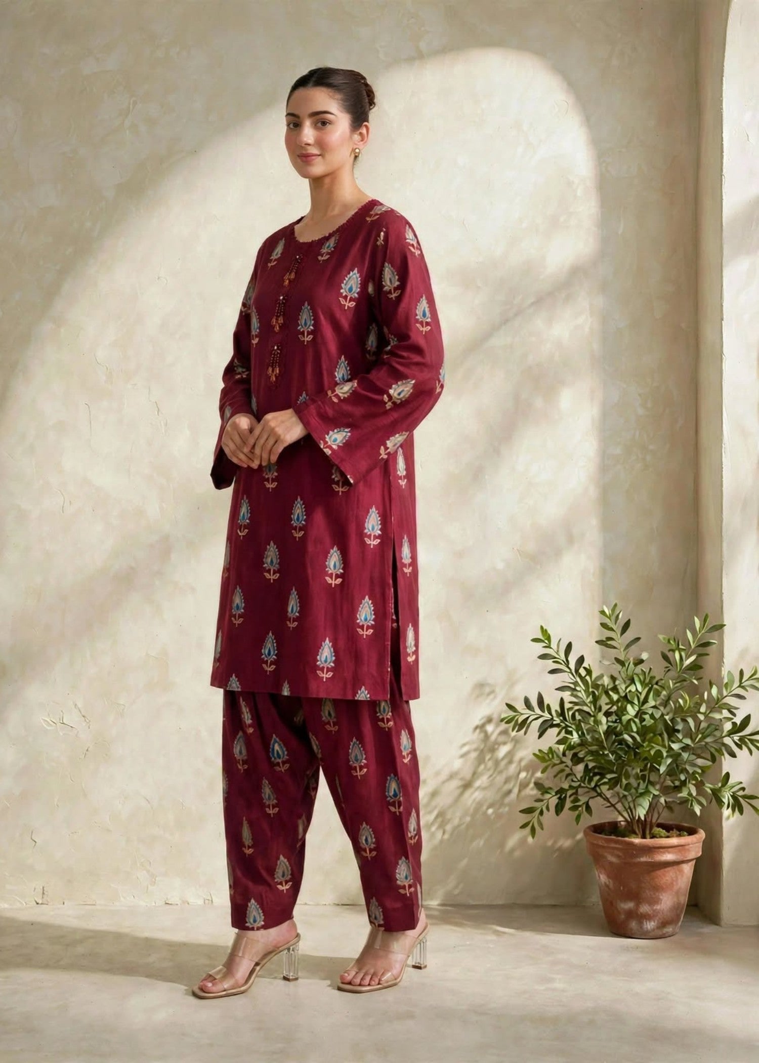arabic lawn Co Ord Sets in Maroon