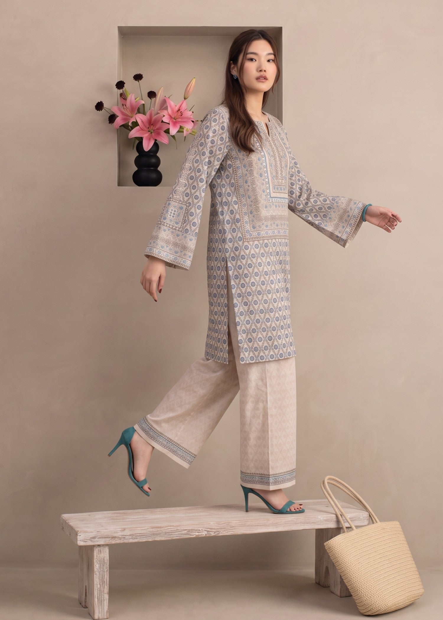 polyester crepe Kurta Set in Beige