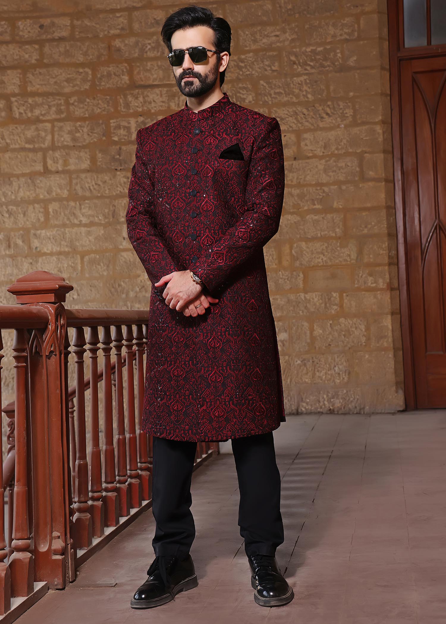 banarsi silk Sherwani in Maroon