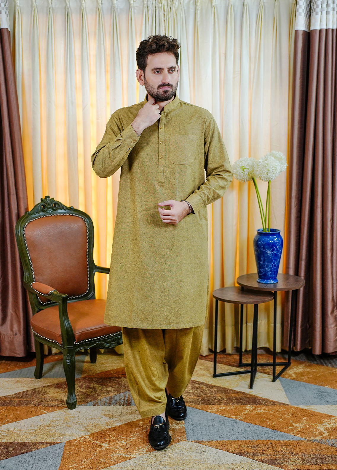 blended wool Shalwar Kameez in Mustard