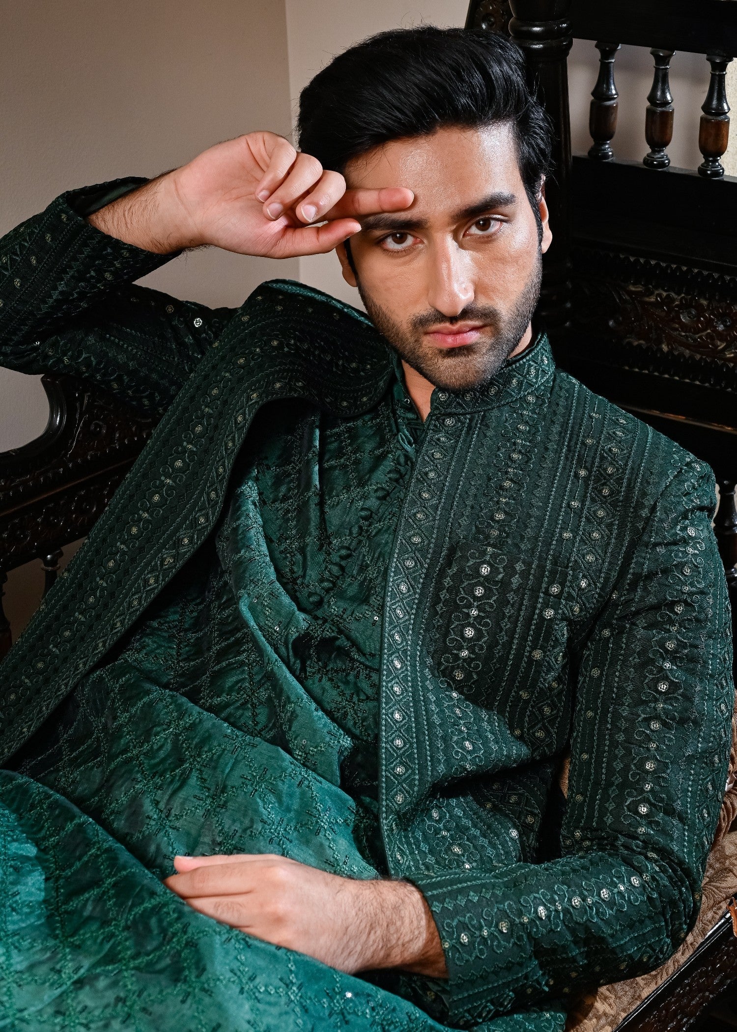 raw silk Prince Coat in Emerald green