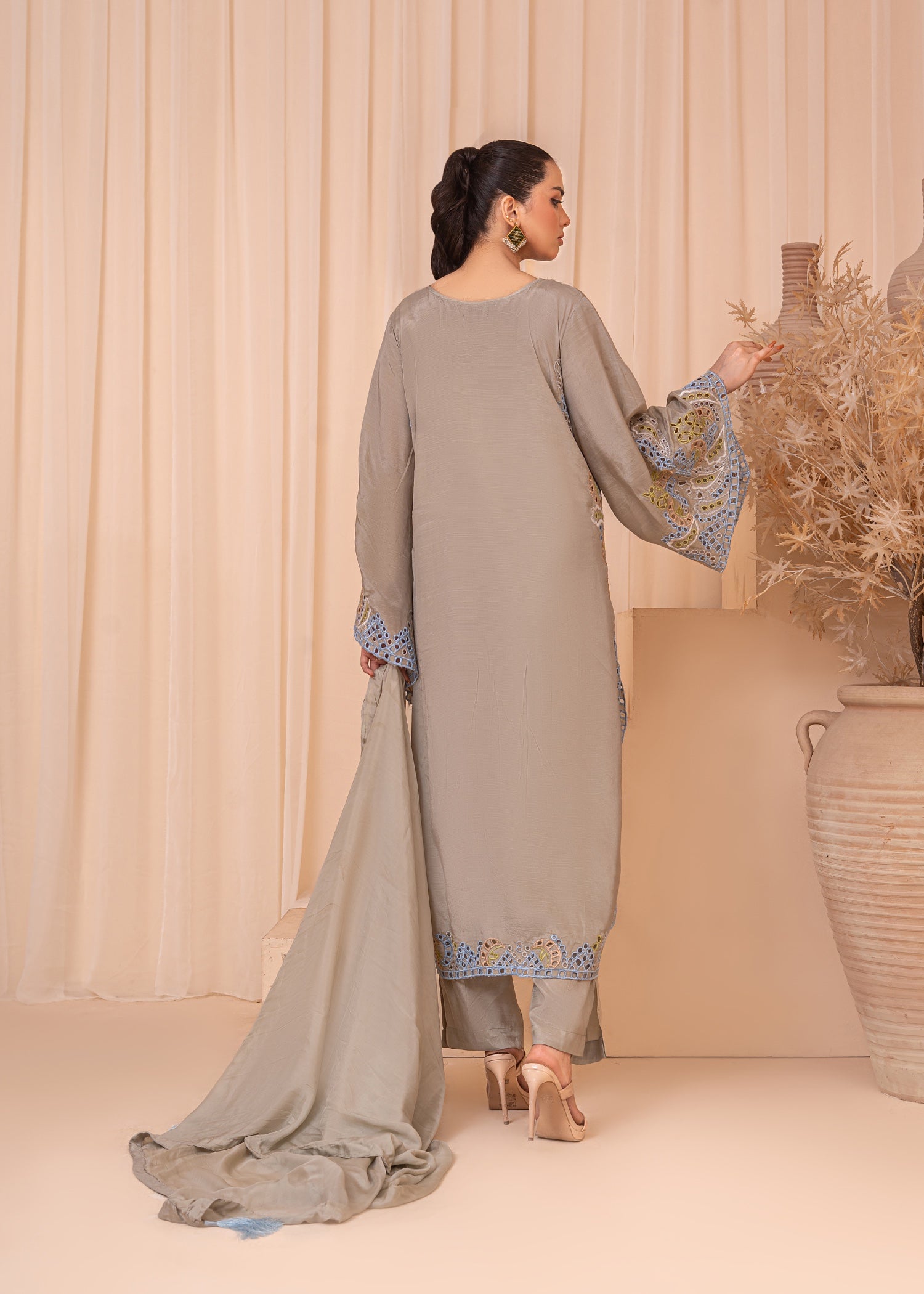 raw silk Kaftan in Grey, sky blue