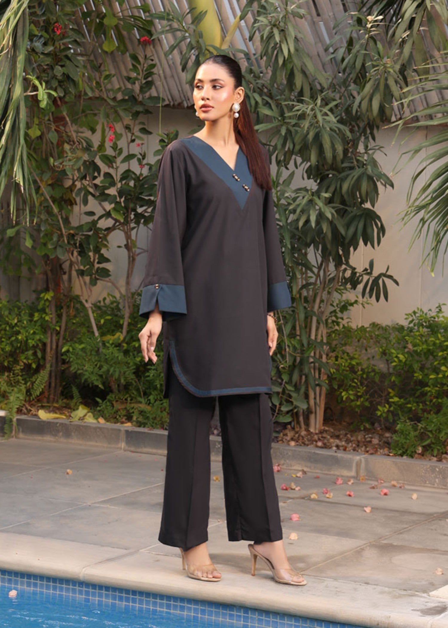 blended satin Co ord Sets in Blue, dark brown