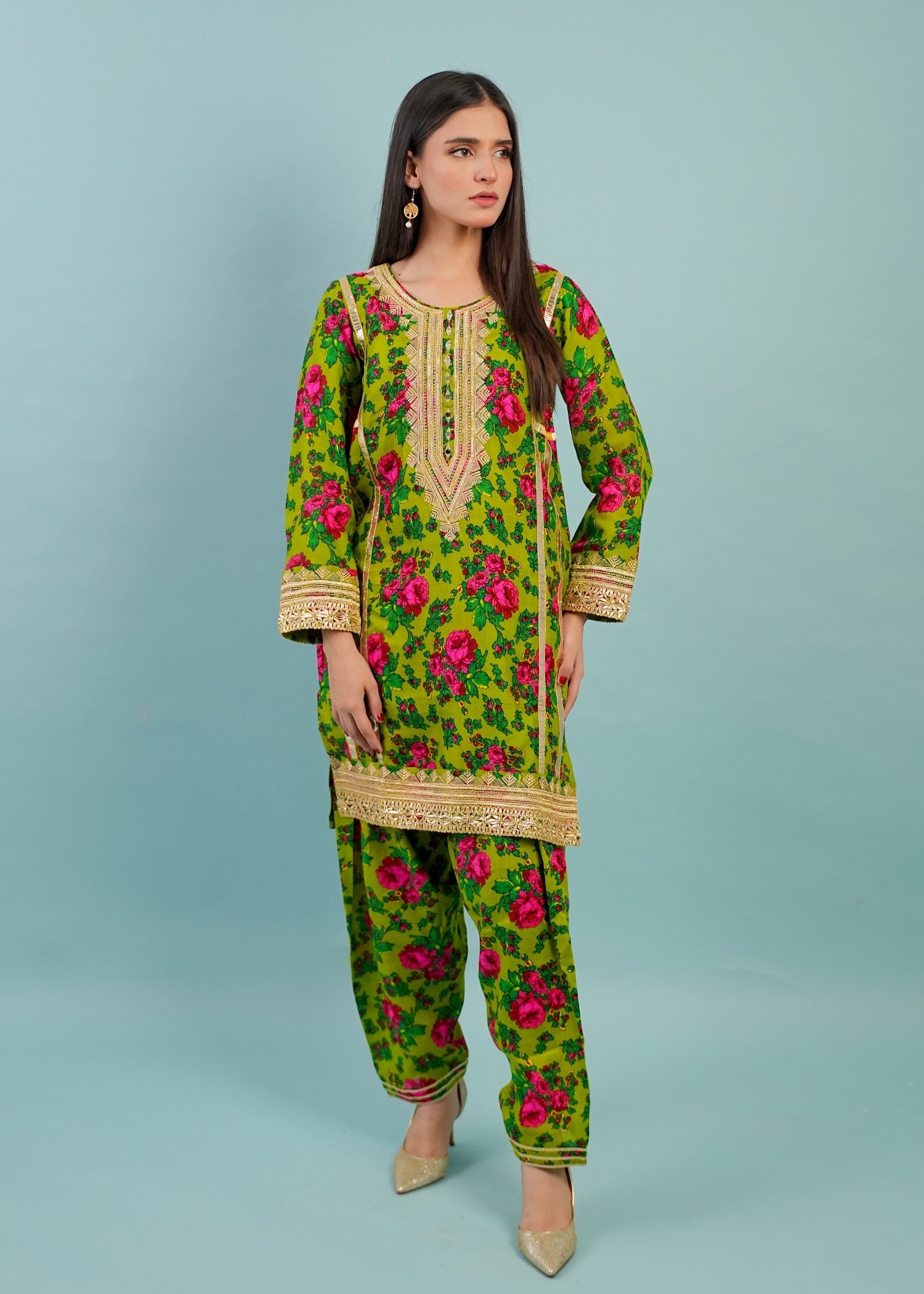 voile Kurta Set in Green