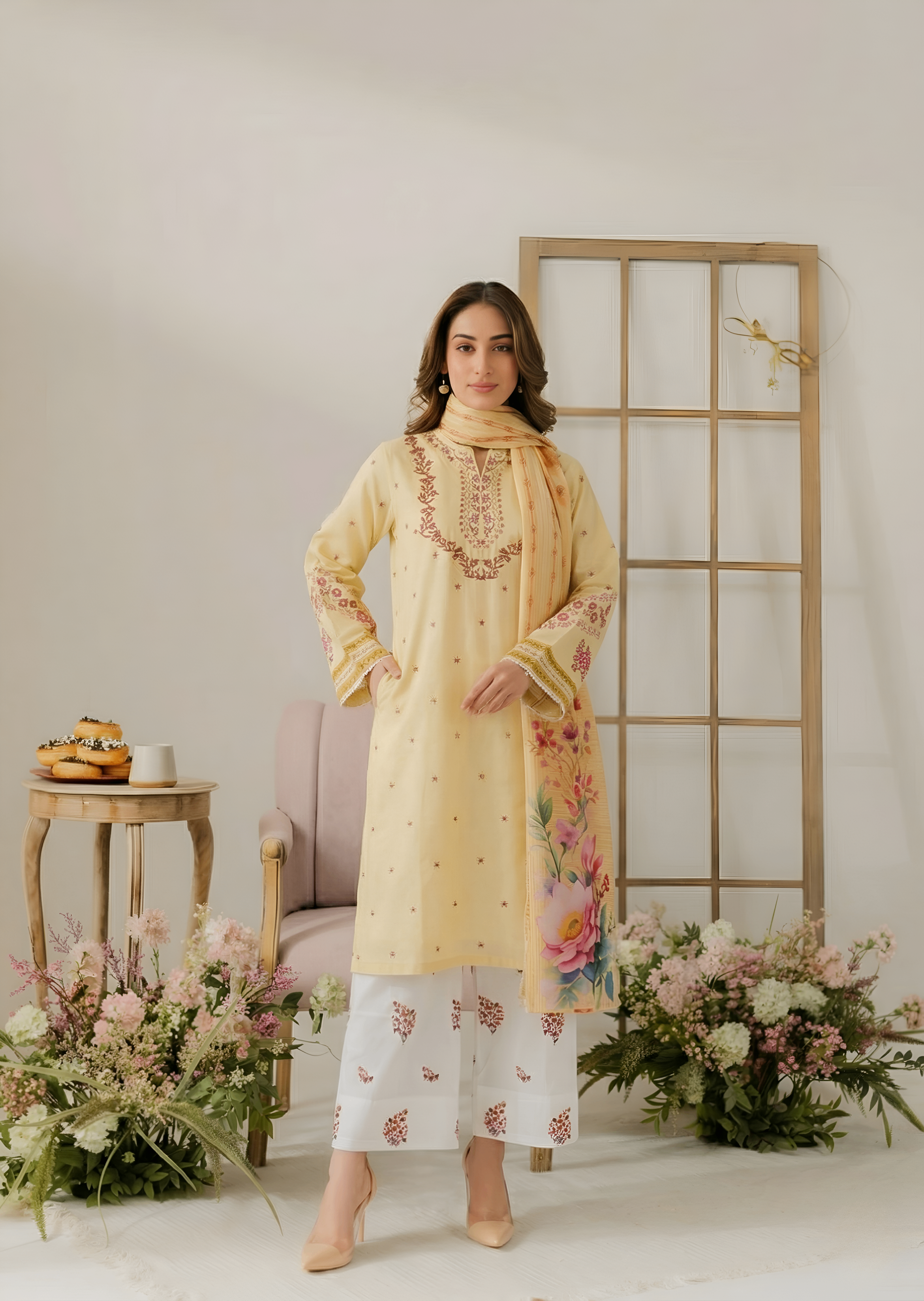 linen Kurta Set in Pale yellow
