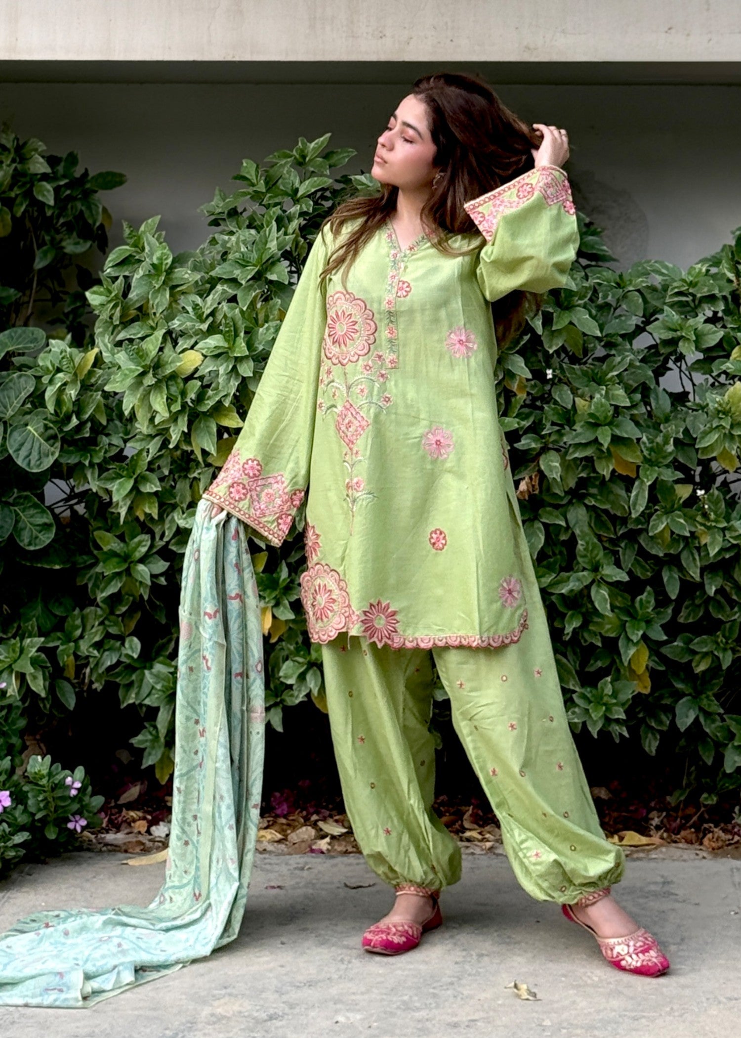 lawn Kurta Set in Lime green