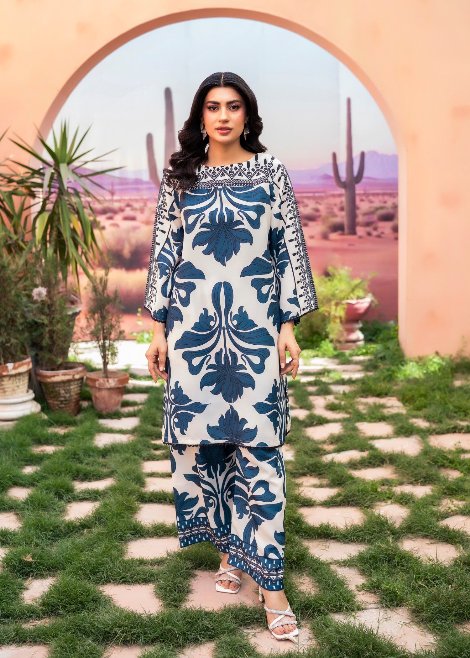 poly lawn Co Ord Sets in Off-white, steel blue