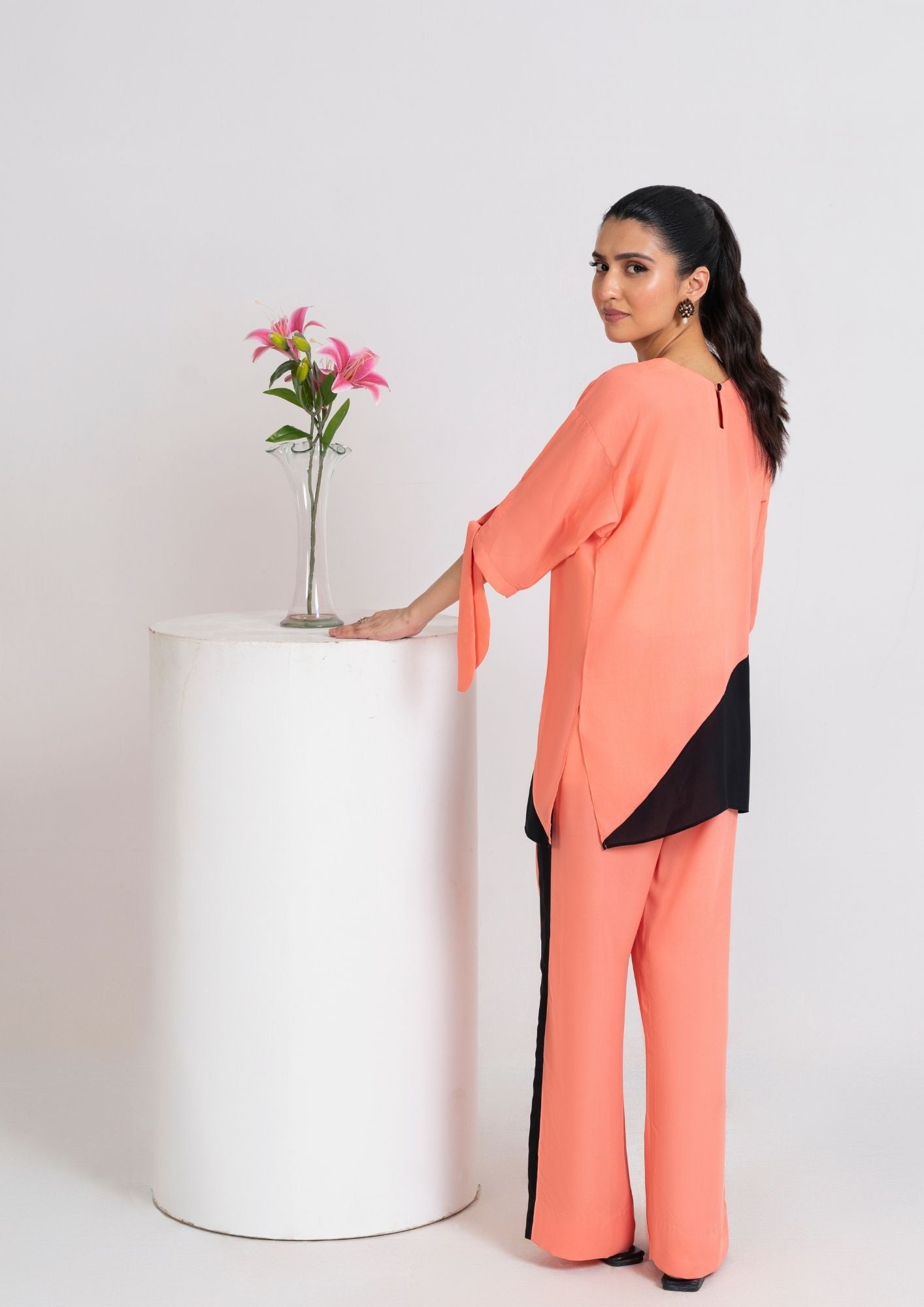 georgette Tunic in Peach orange, black