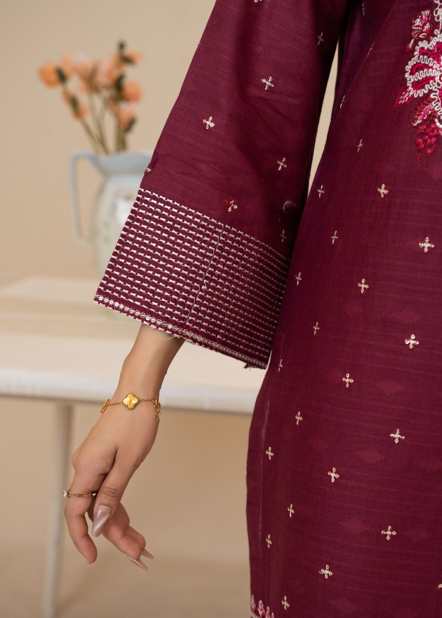 cotton jacquard Kurta Set in Wine