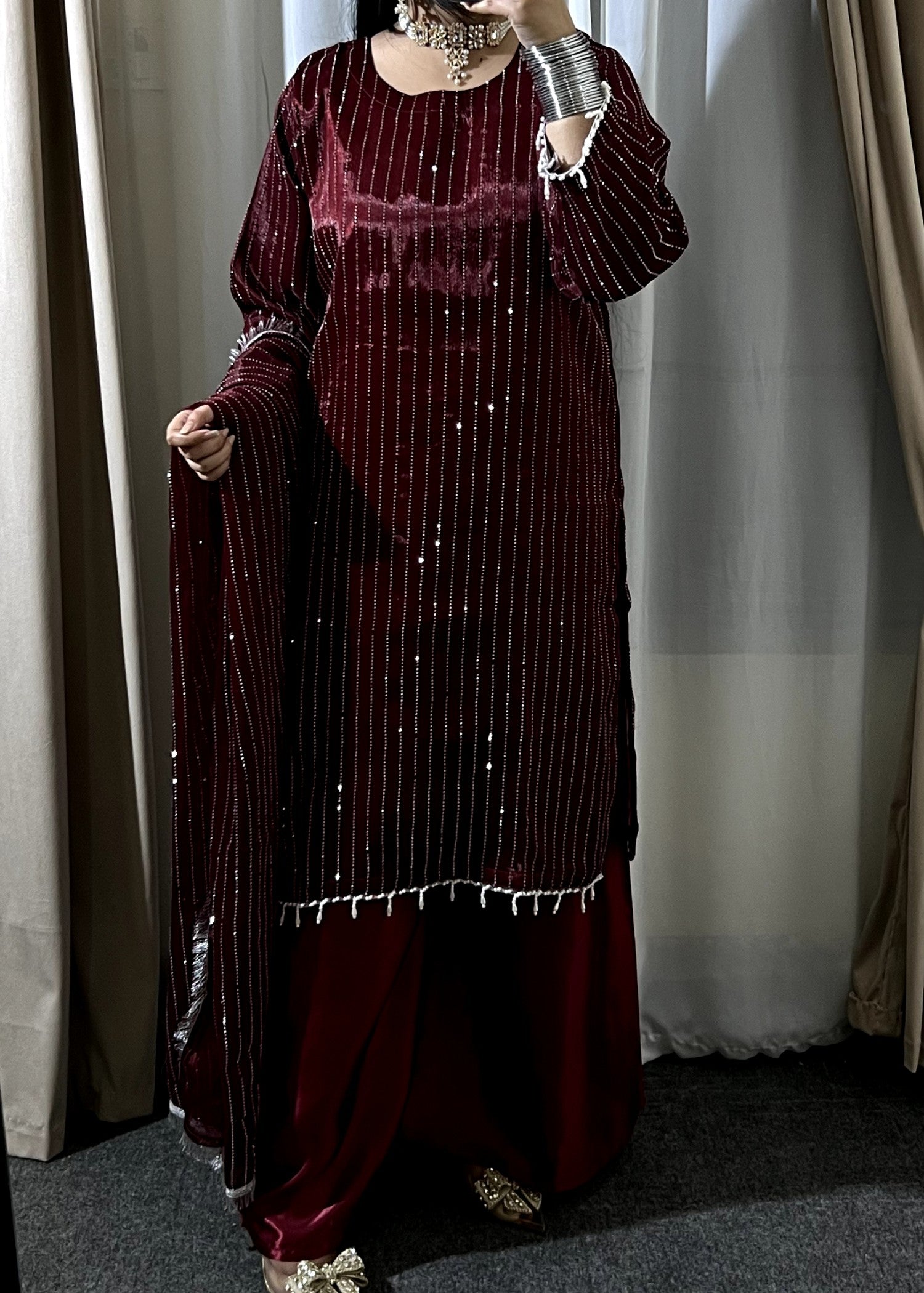 crinkle Kurta Set in Maroon