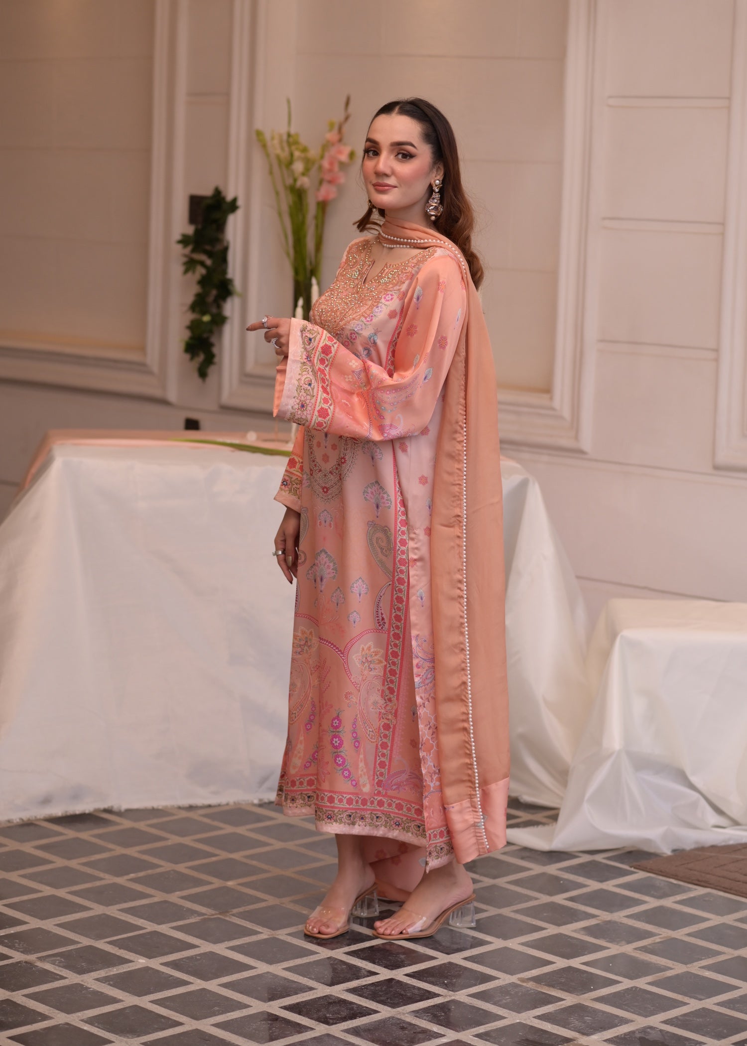 satin silk Kurta Set in Apricot orange, goldfish orange, marmalade orange