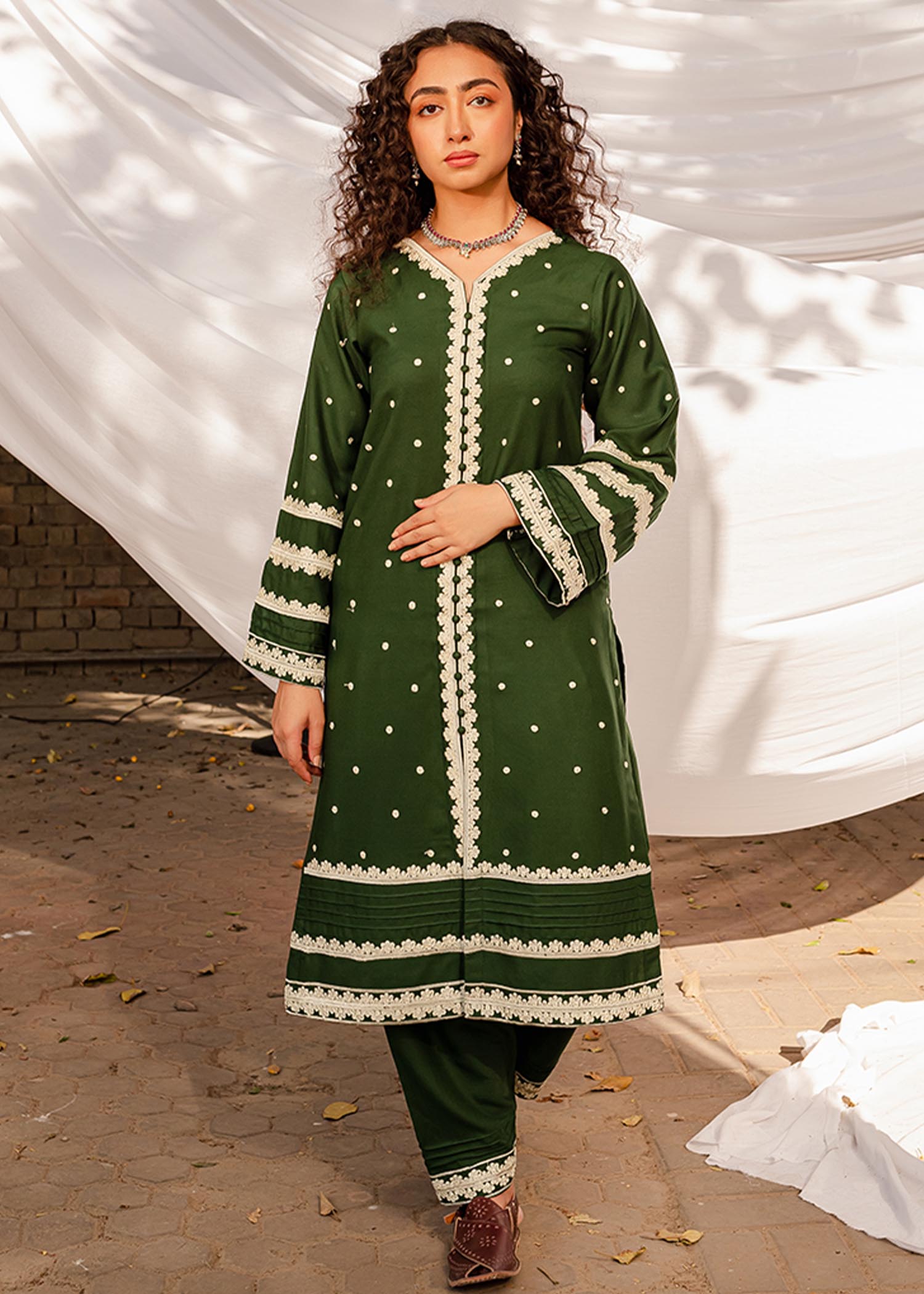 linen Kurti in Dark green