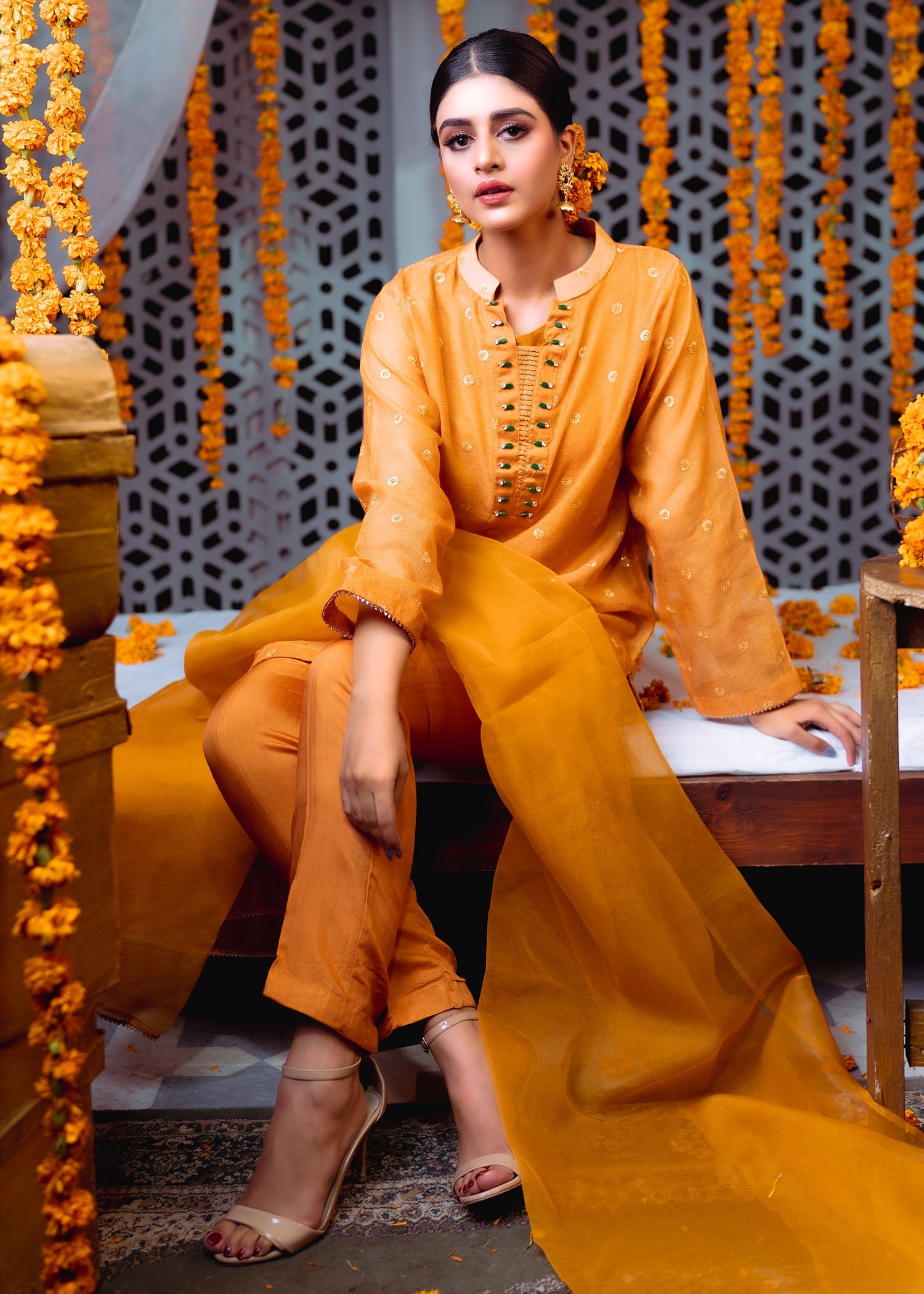 khaddi net Kurta Set in Pumpkin orange