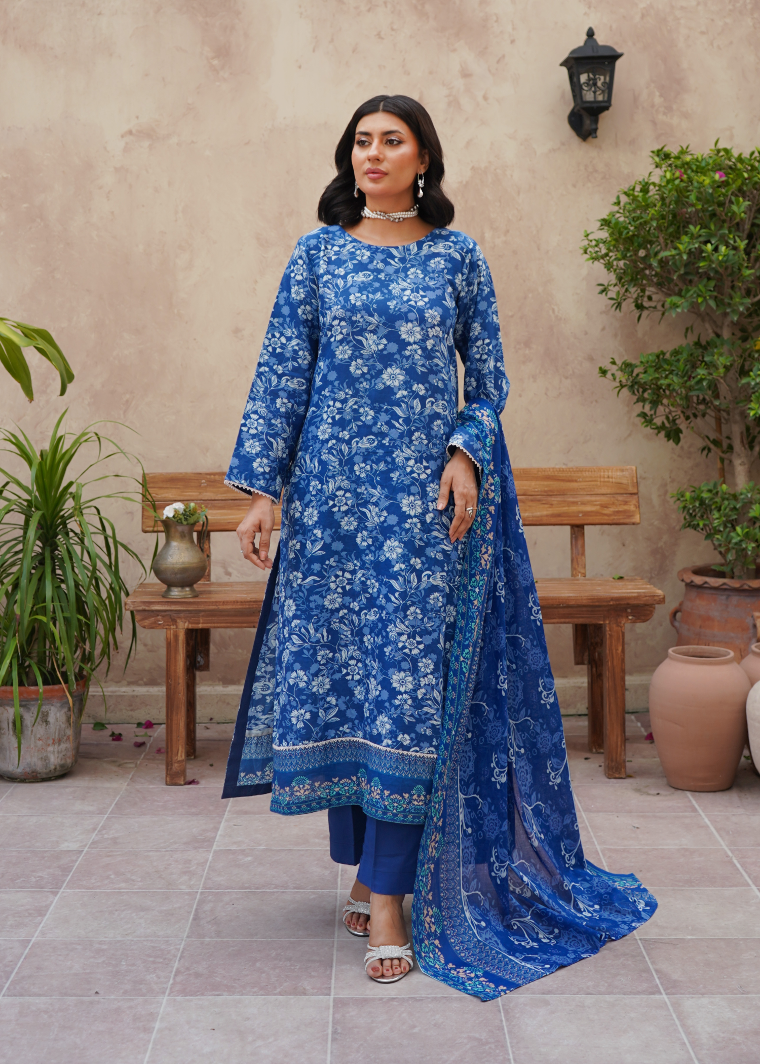 dobby Kurta Set in Royal blue