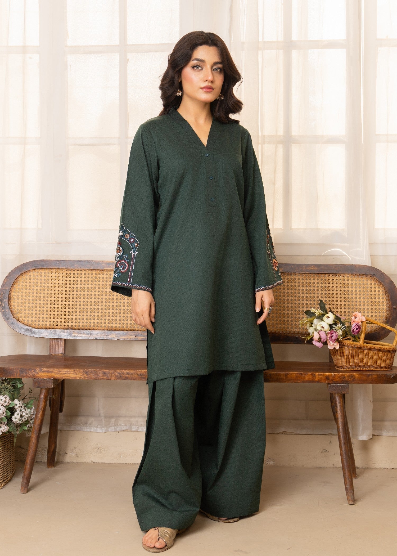 twill khaddar Kurta Set in Dark green