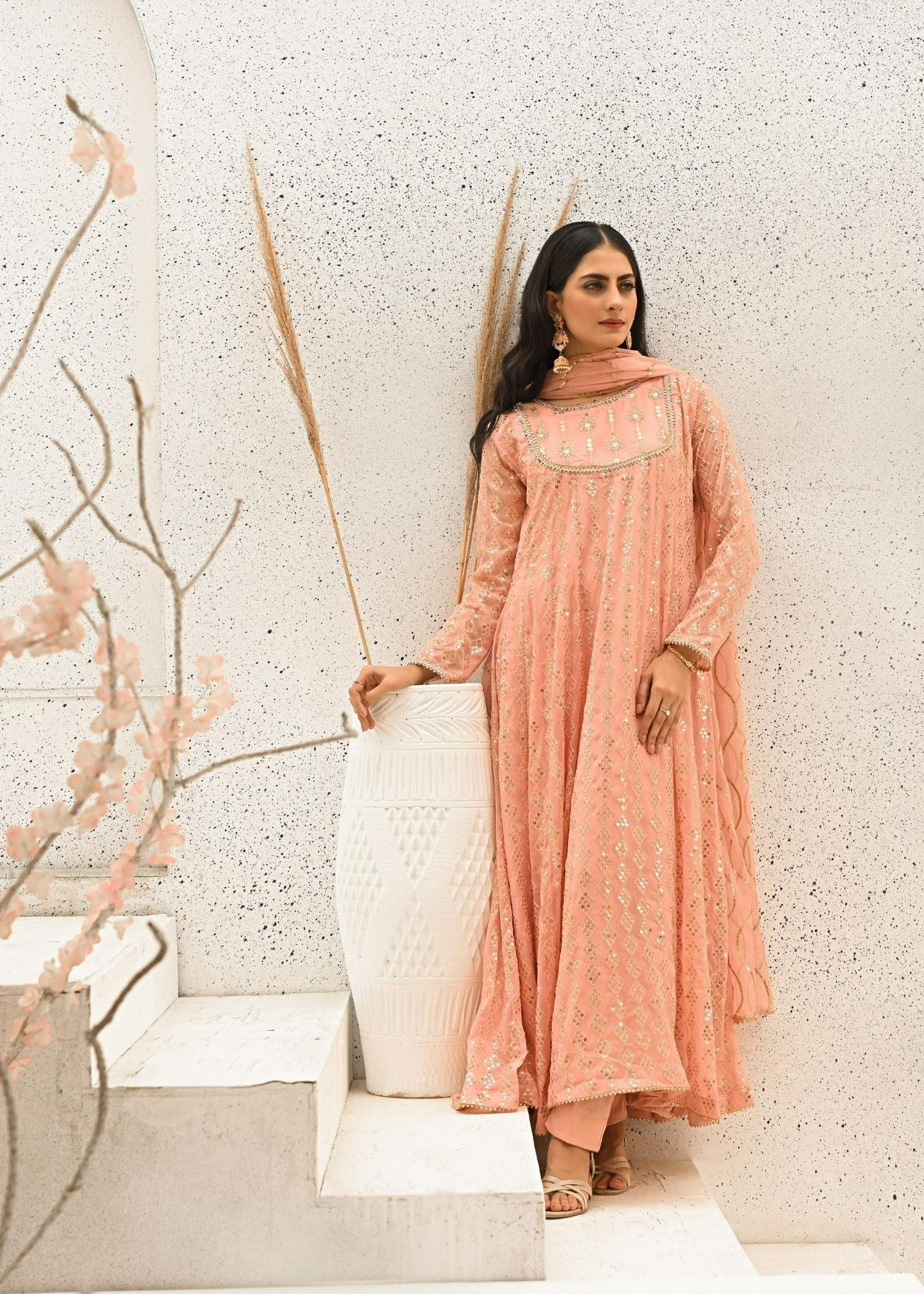 chiffon Anarkali in Peach pink