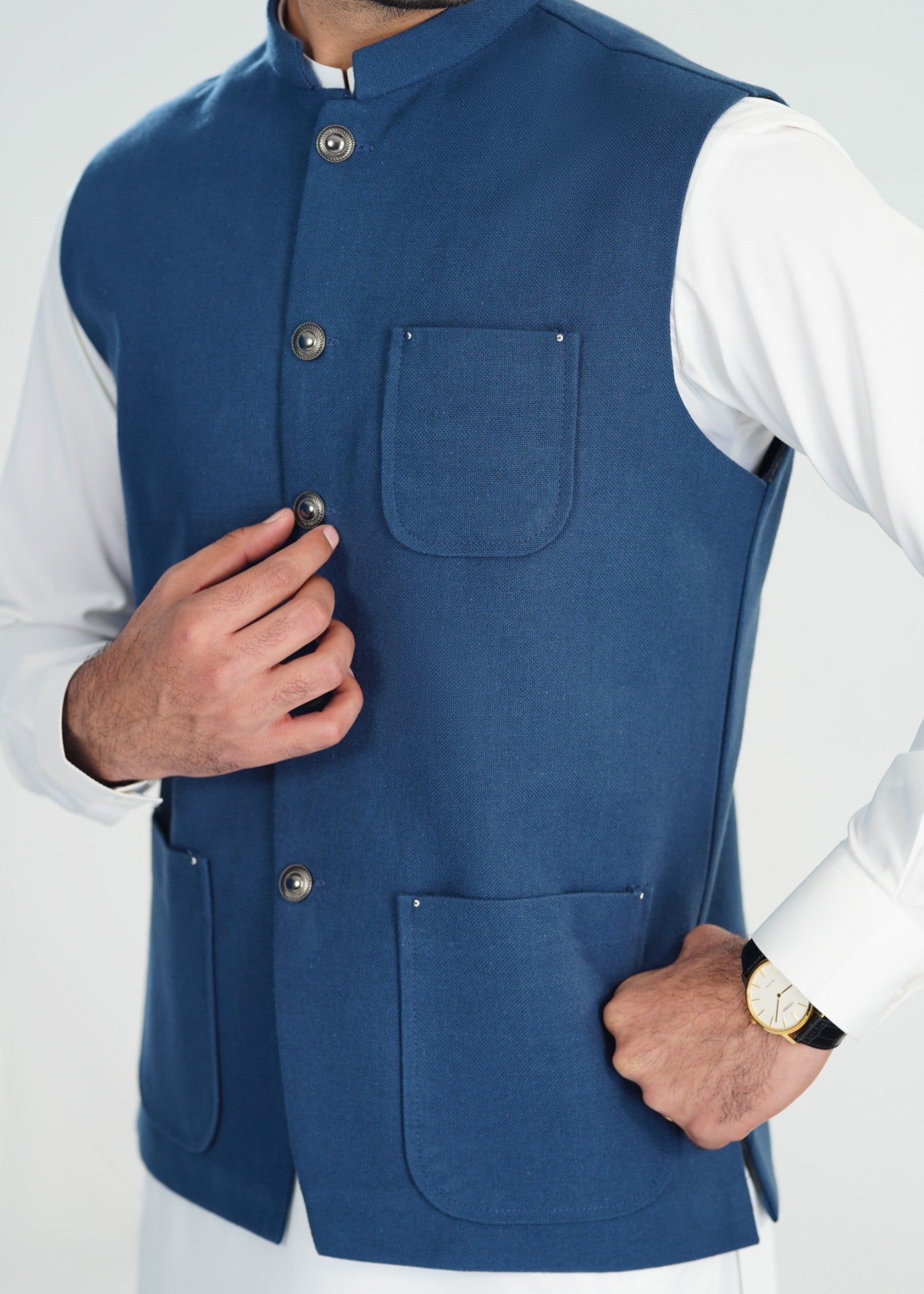 handwoven khaddar Waistcoat in Navy blue