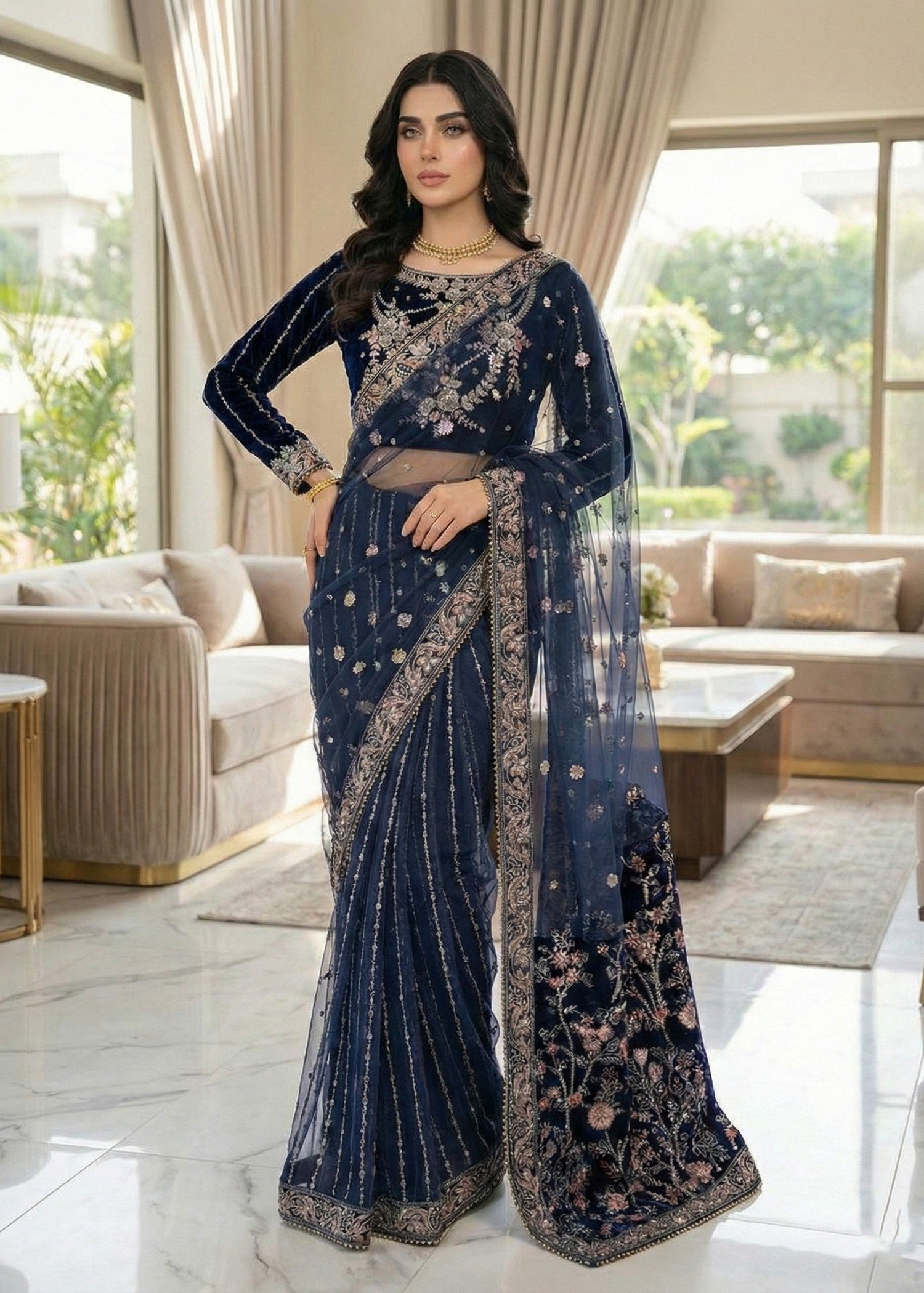 velvet Saree in Blue