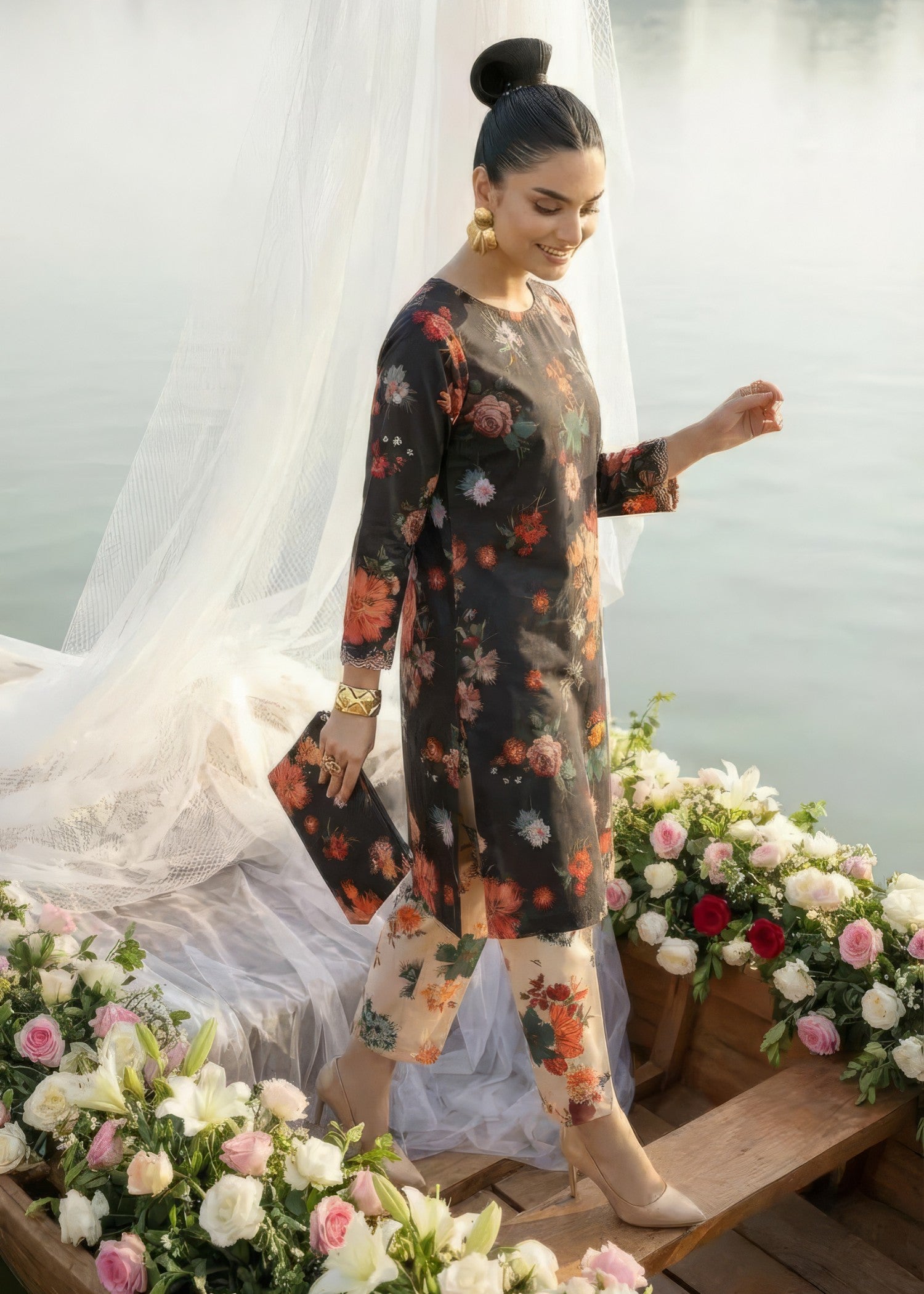 poly lawn Kurta Set in Black, ivory