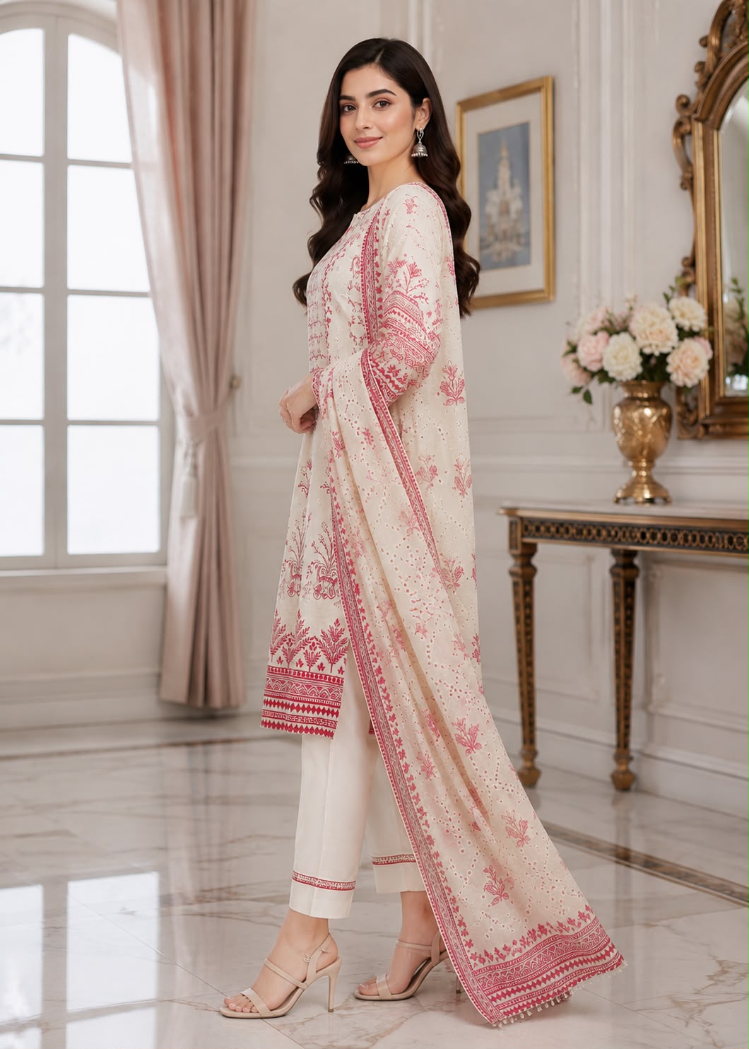 lawn Kurta Set in Ivory, raspberry pink