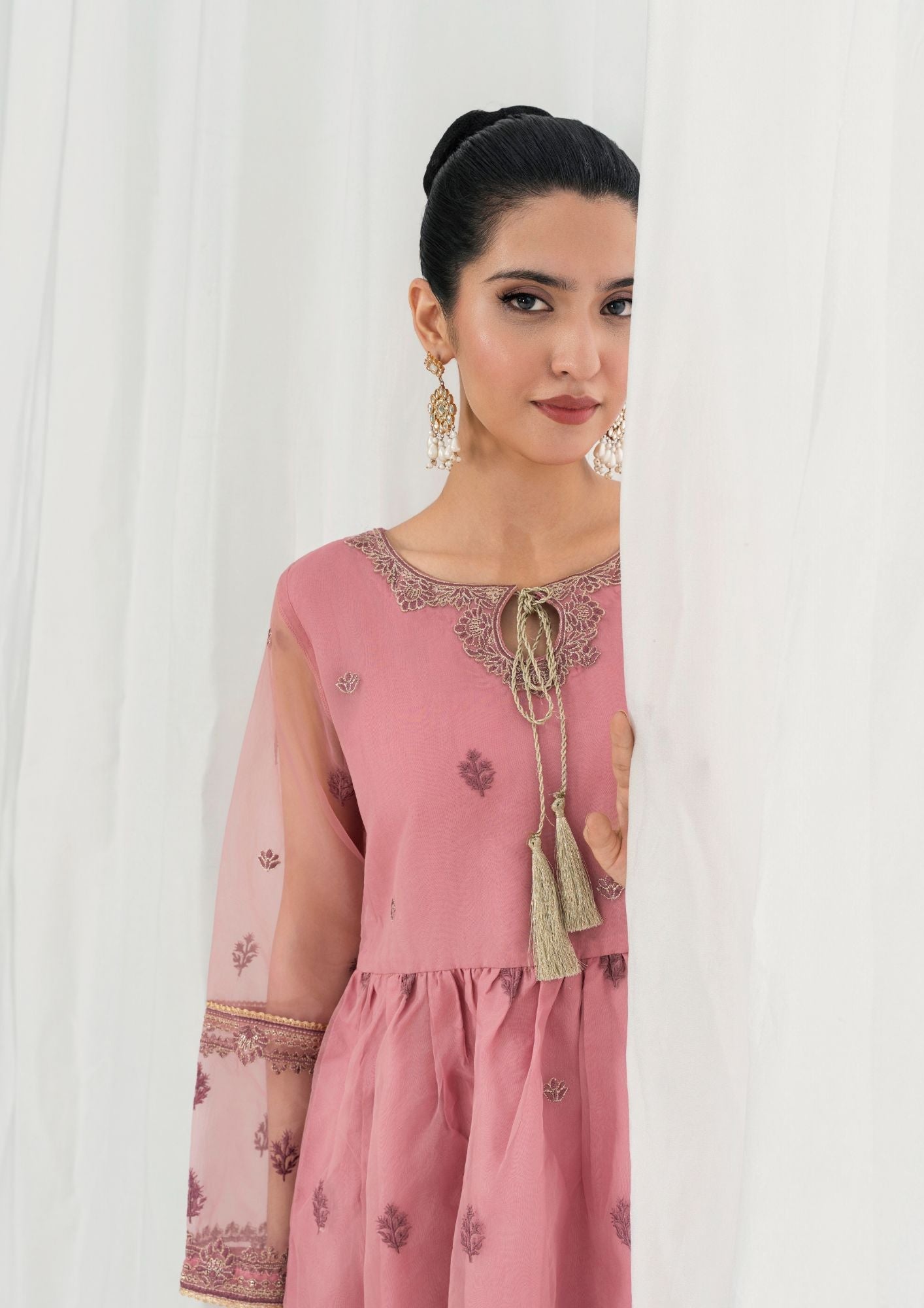 organza Pishwas in Tea rose pink