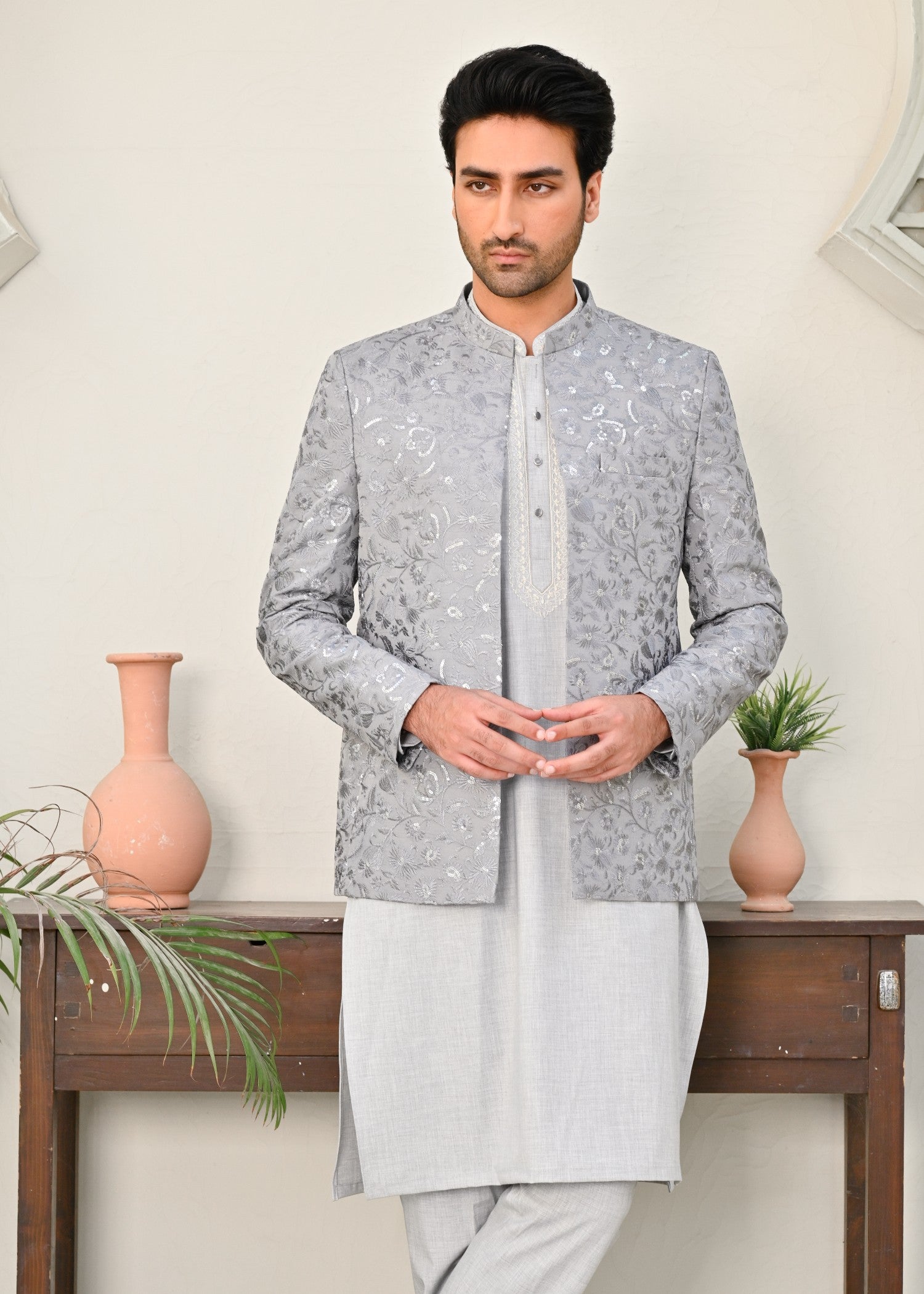 raw silk Prince Coat in Grey