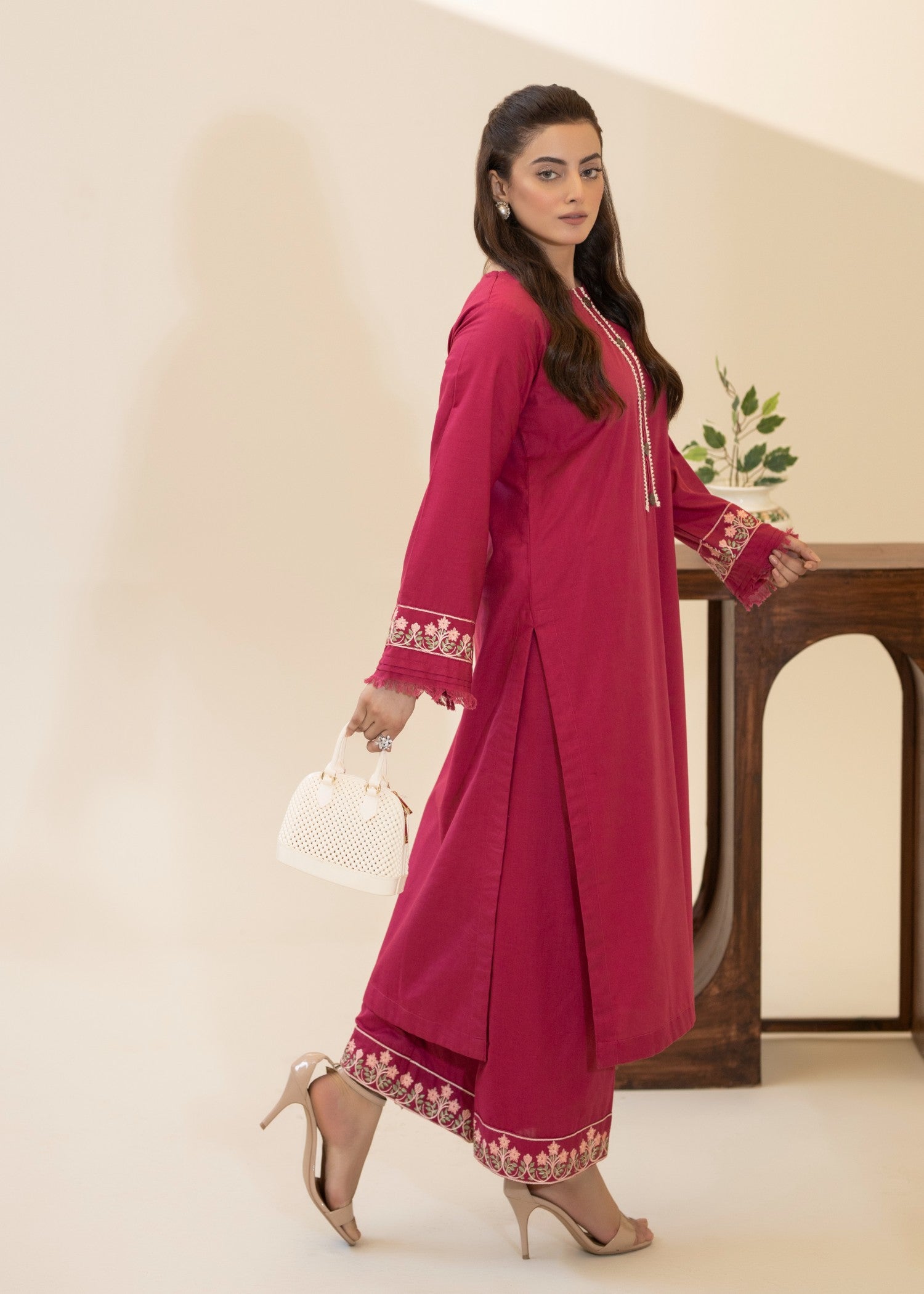 khaddar Kurta Set in Shocking pink