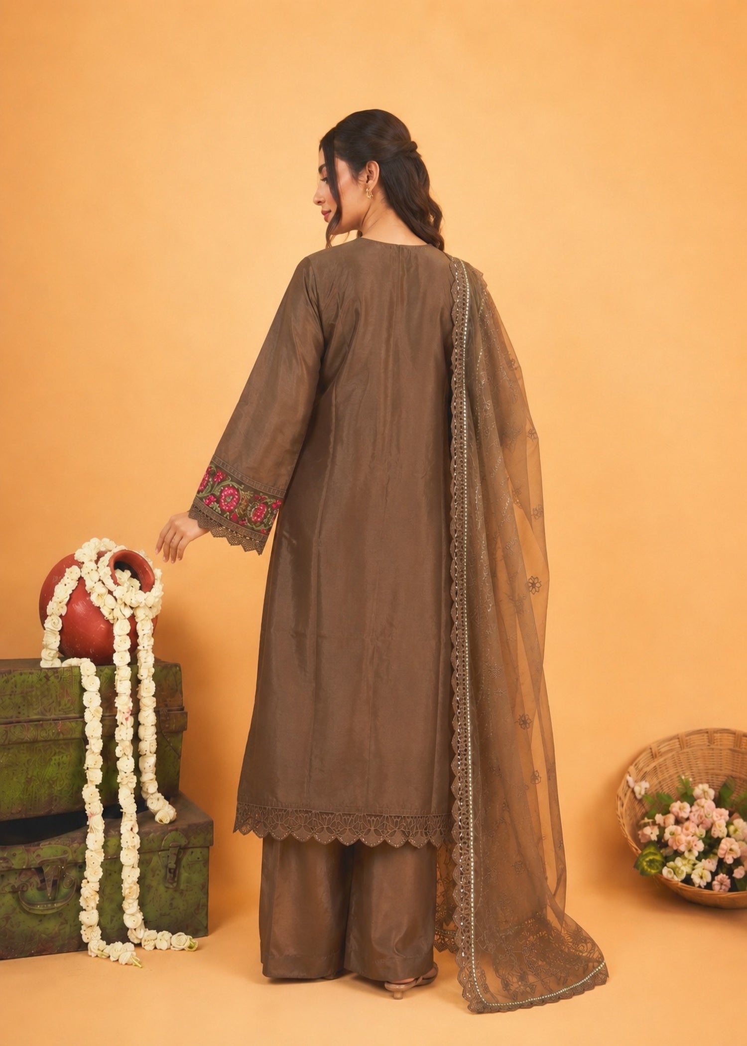 organza Kurta Set in Mocha brown