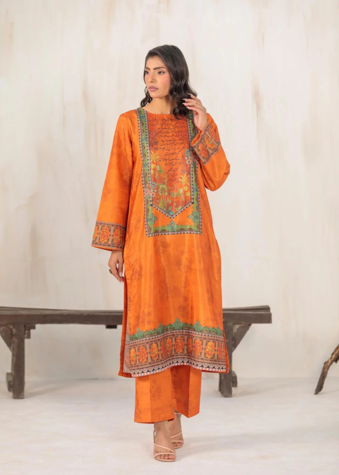 viscose raw silk Kurta Set in Ochre orange