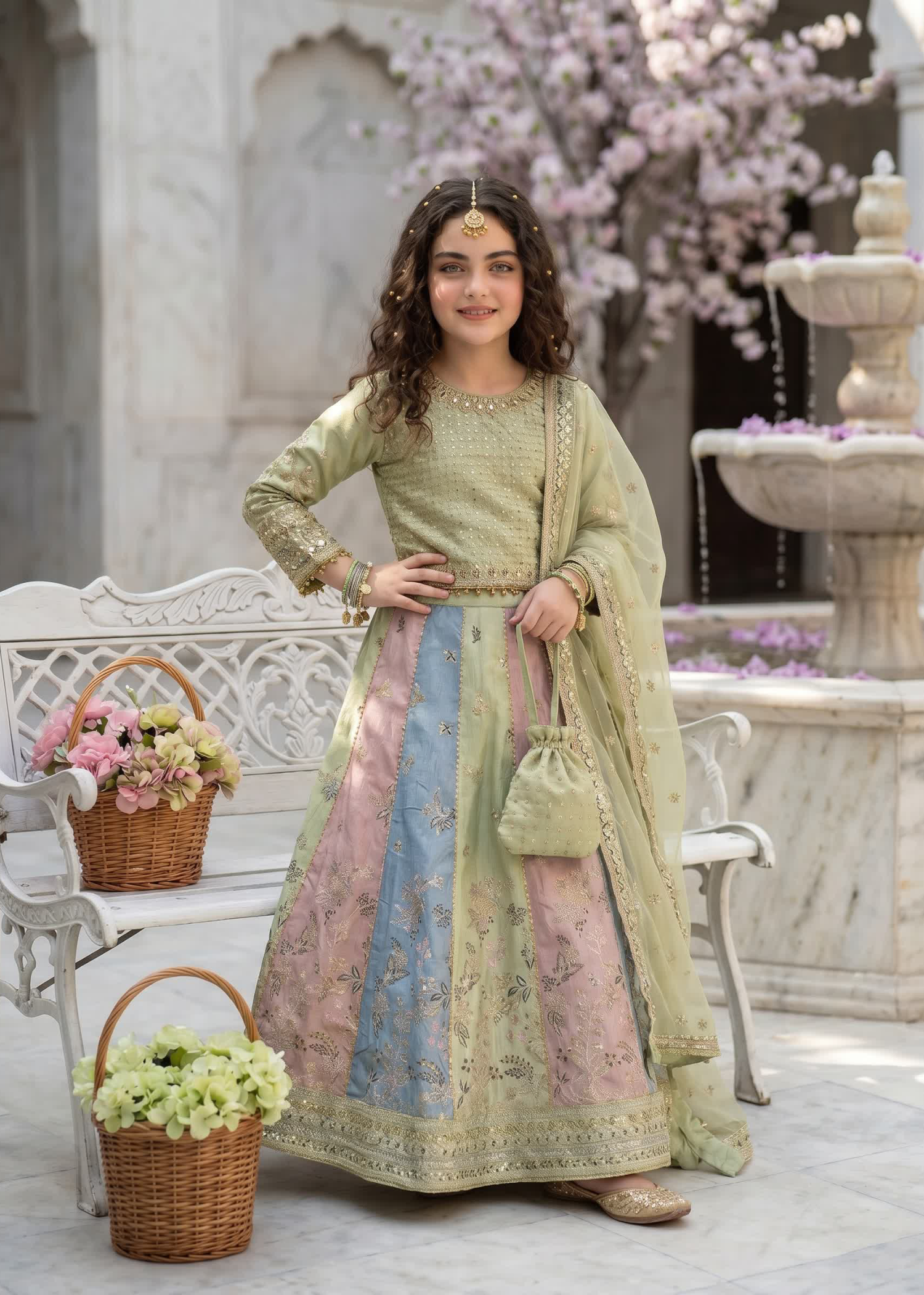 raw silk Lehenga in Multi, pistachio green