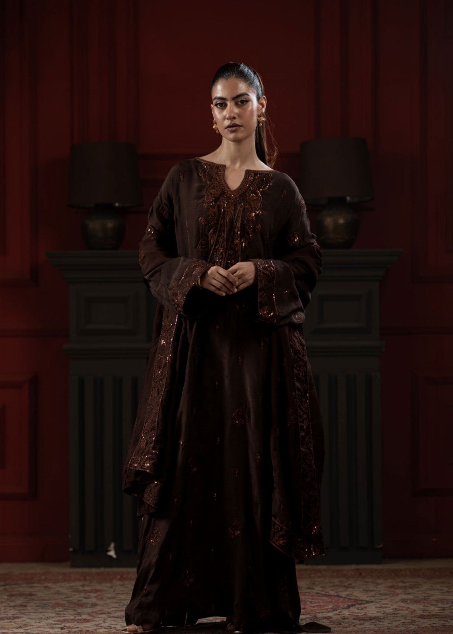 raw silk Kaftan in Brunette brown