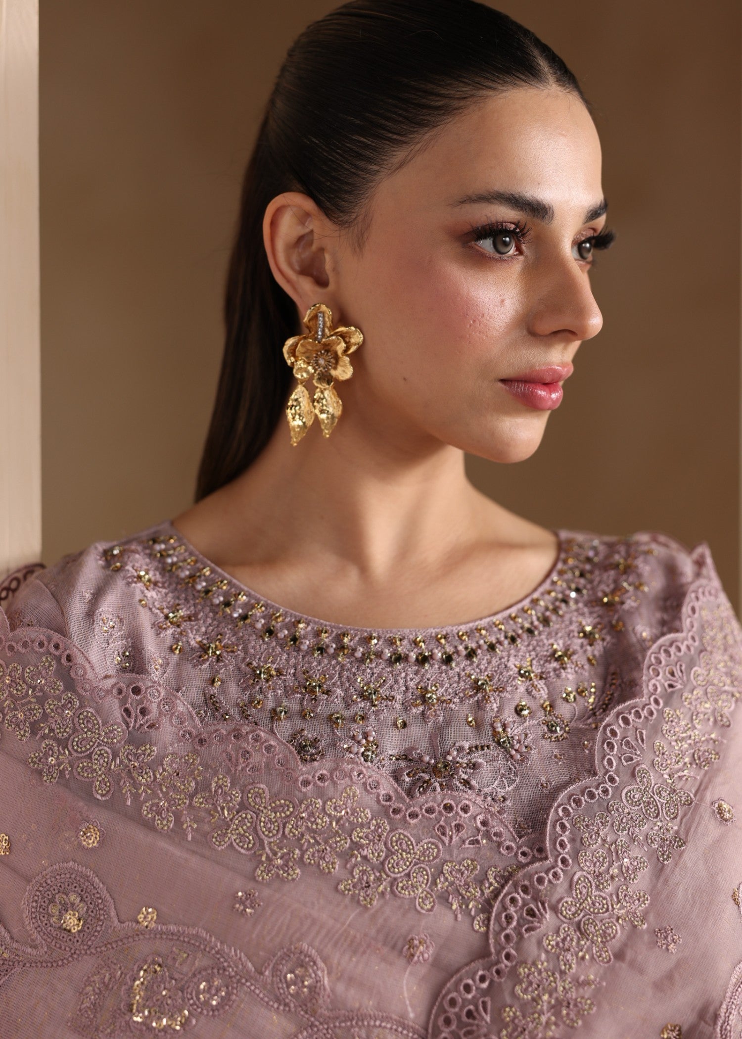 khaddi net Kurta Set in Purple taupe
