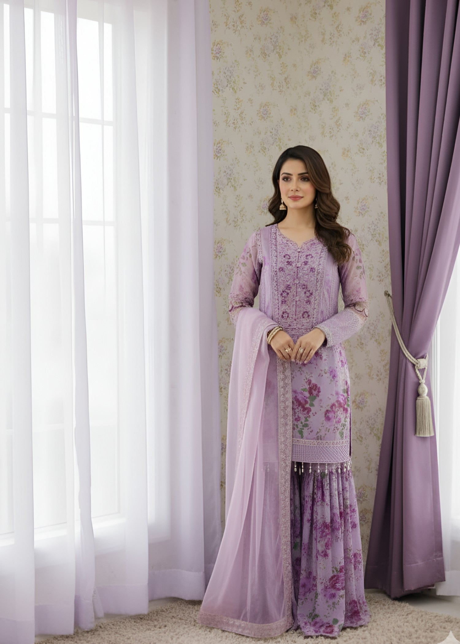 organza Gharara in Bright lavender