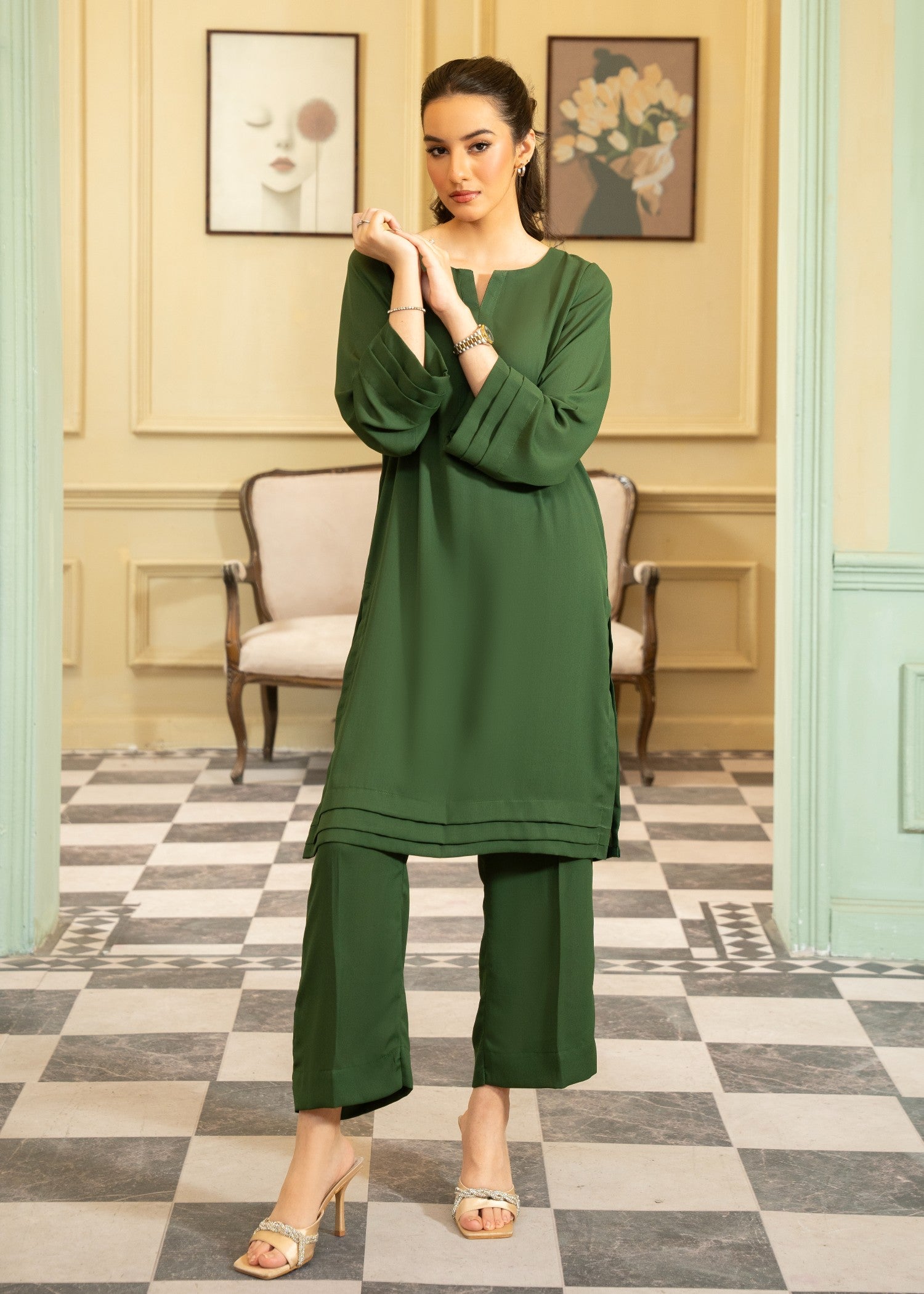 georgette Co Ord Sets in Dark green
