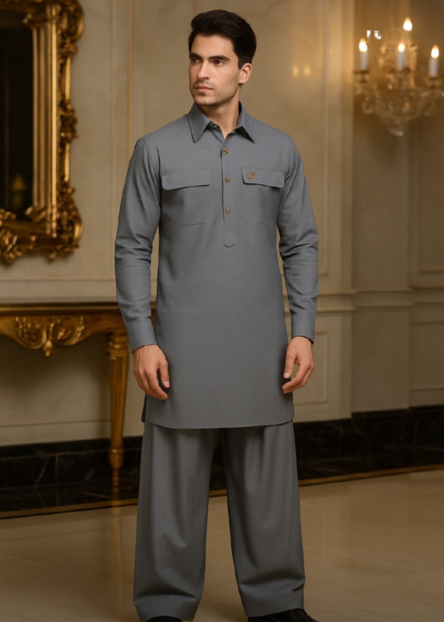 cotton linen Kurta Set in Grey