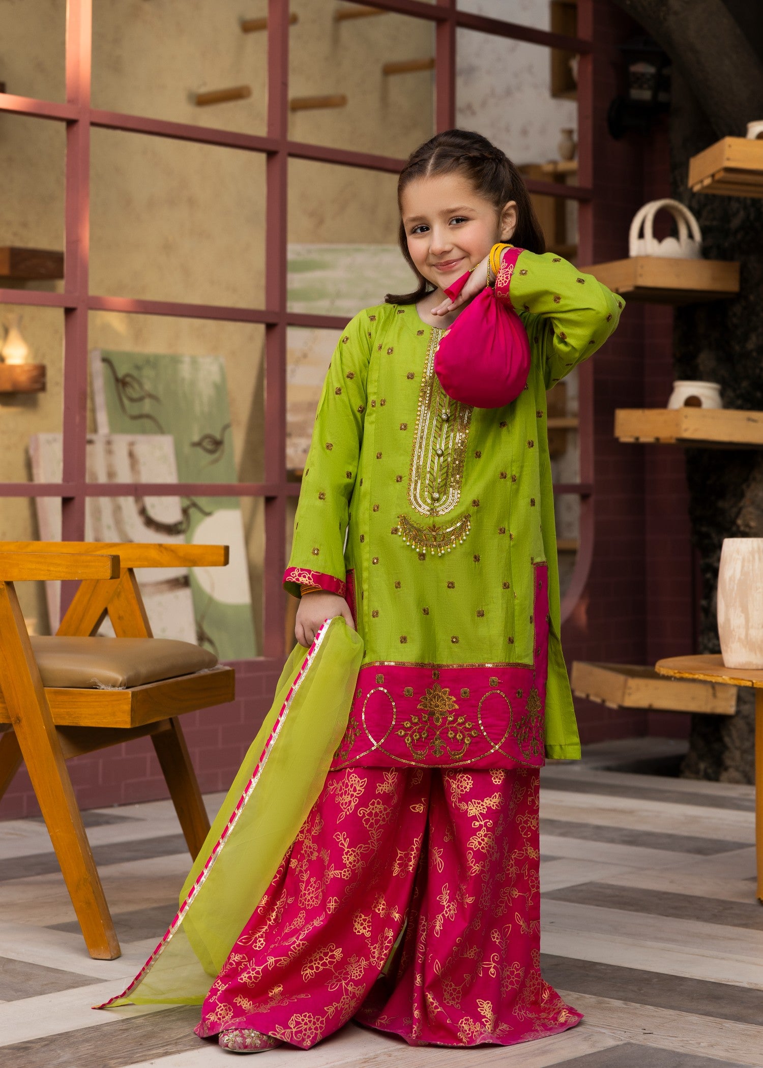 lawn cotton Sharara in Apple green