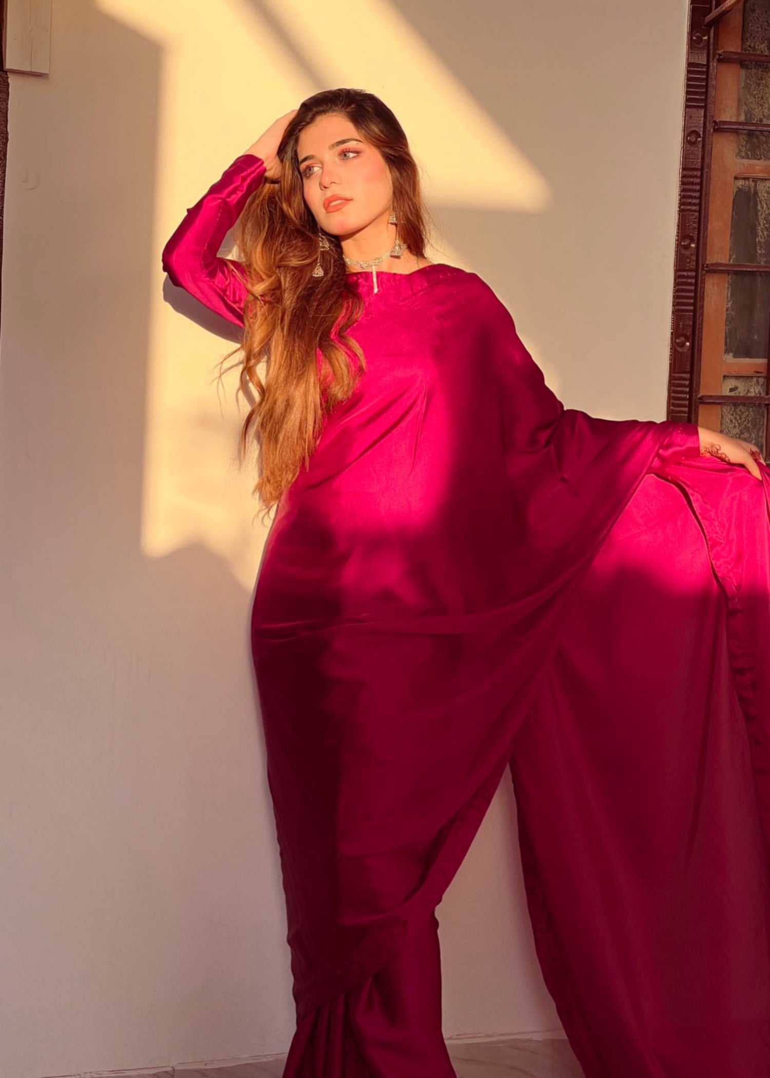 poly silk Saree in Raspberry pink