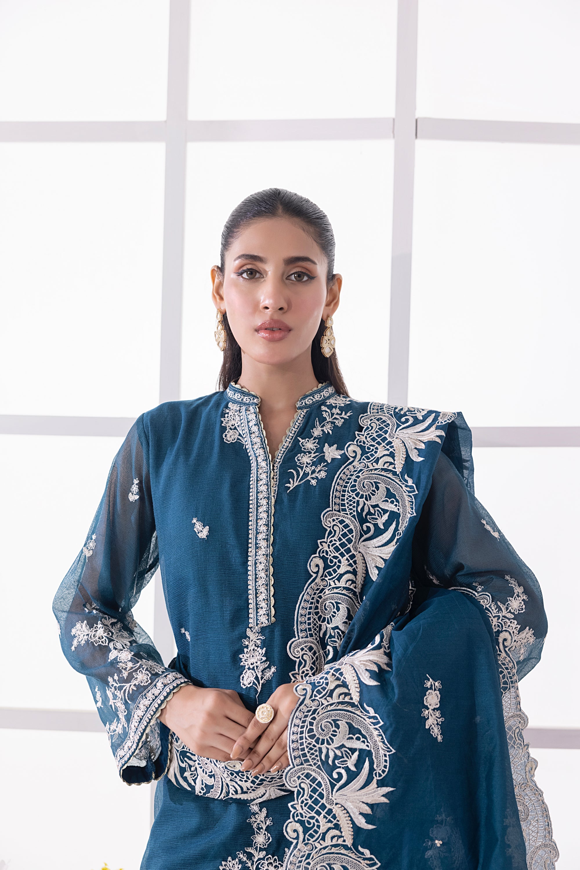 khaddi net Kurta Set in Navy blue
