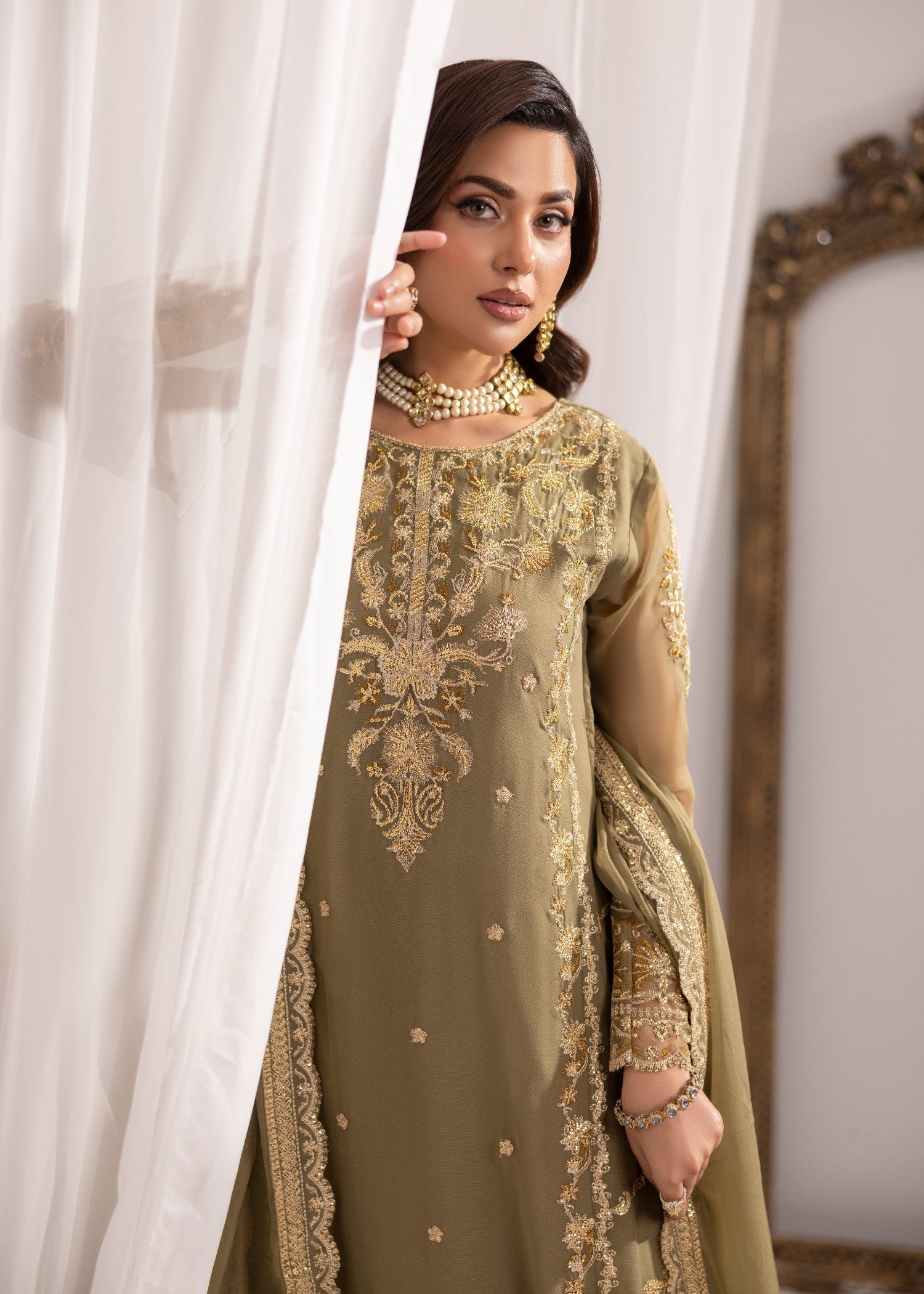 bemberg crinkle chiffon Kurta Set in Sage green