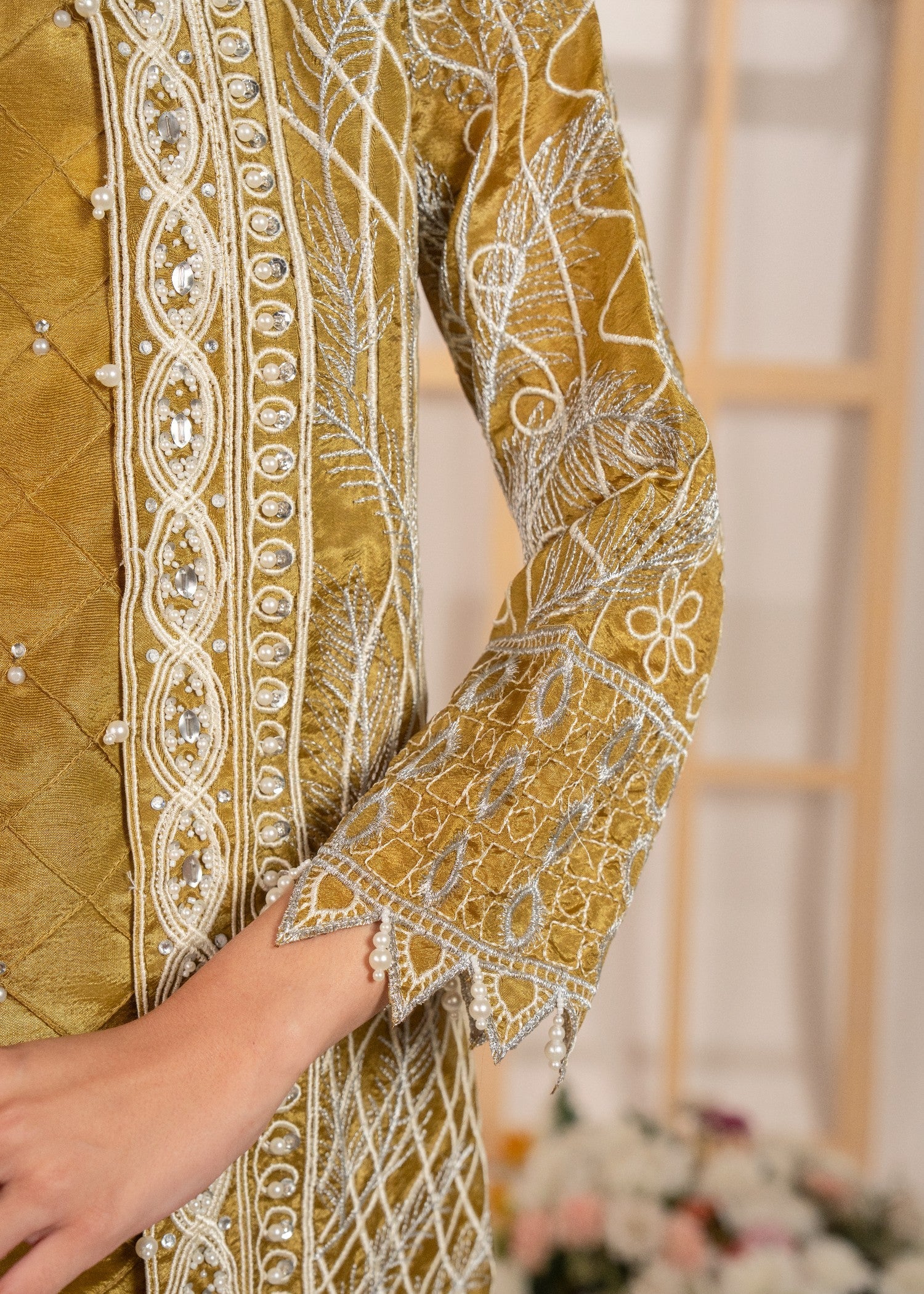 raw silk Gown in Olive green
